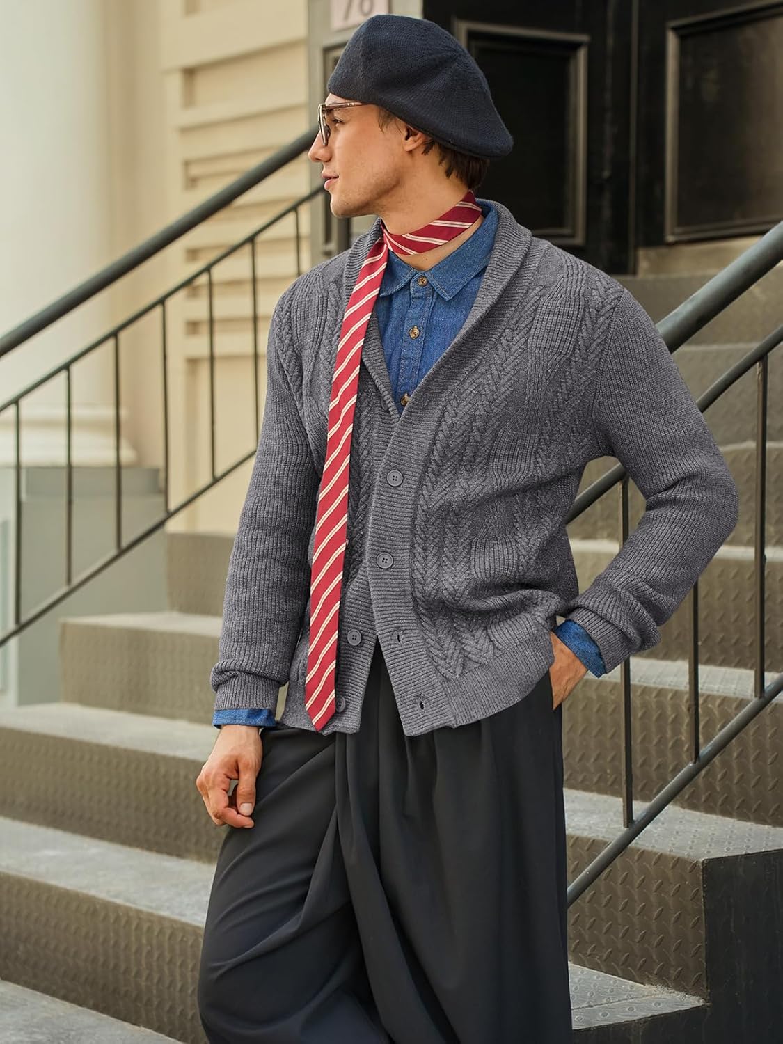 Runcati Mens Shawl Collar Cardigan Sweater Cable Knit Button Down Sweaters Long Sleeve Casual Winter Outwear - Image 2