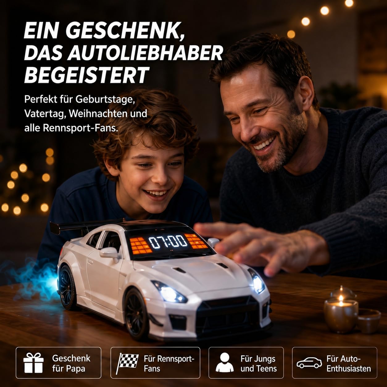 Hypercar Auto Wecker mit Motor Sound – Car Alarm Clock mit LED-Lichtern & Auspuff-Nebeleffekt, Realistischer Wecker Auto mit Motorgeräusch, Digitaler Autowecker für Schlafzimmer, Büro & Gaming (S-1)