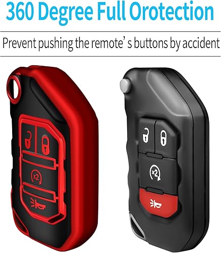 Miniatura 4 de Tukellen Funda para llavero Jeep de TPU suave, protección completa, compatible con Jeep Wrangler JL JLU Gladiator Flip 2018-2022 (rojo)