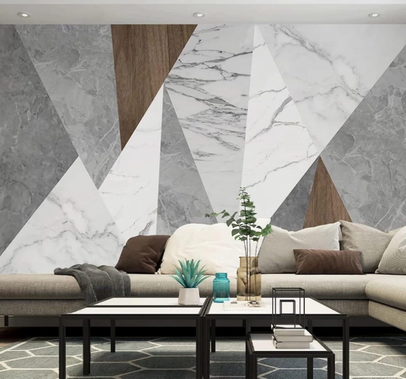XLMING Abstract Geometric Woodgrain Grey Marble Effect 3D Wallpaper Luxury Silk Study Dining Feature Sofa Grey Bedroom Living Room Tv Decorative Wall-350cm×256cm