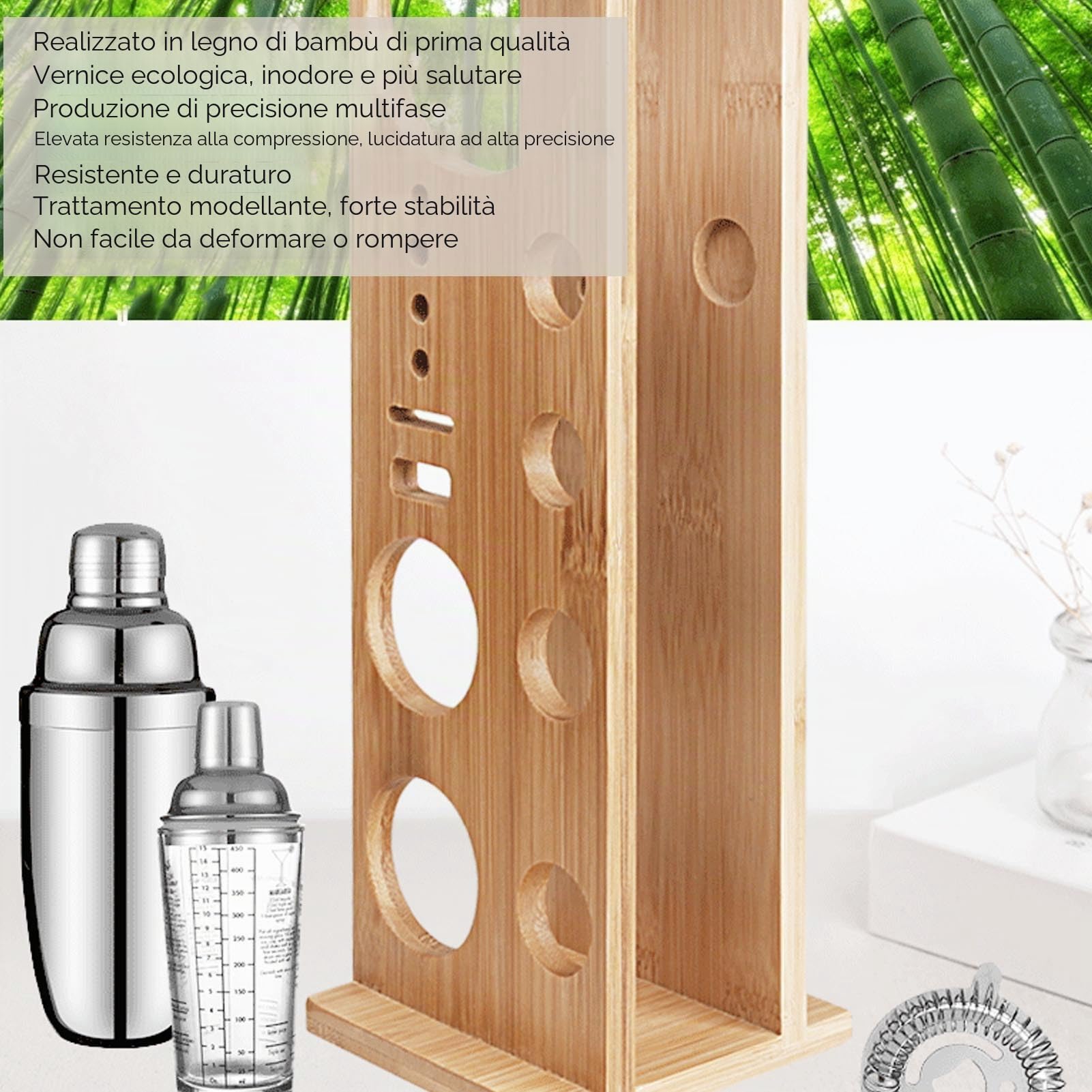 Supporto per Kit da Barista, Set di Shaker per Cocktail in Legno di bambù Supporto per Riporre gli Attrezzi da Barista Set di Accessori per Miscelatore per Bevande Set Espositore
