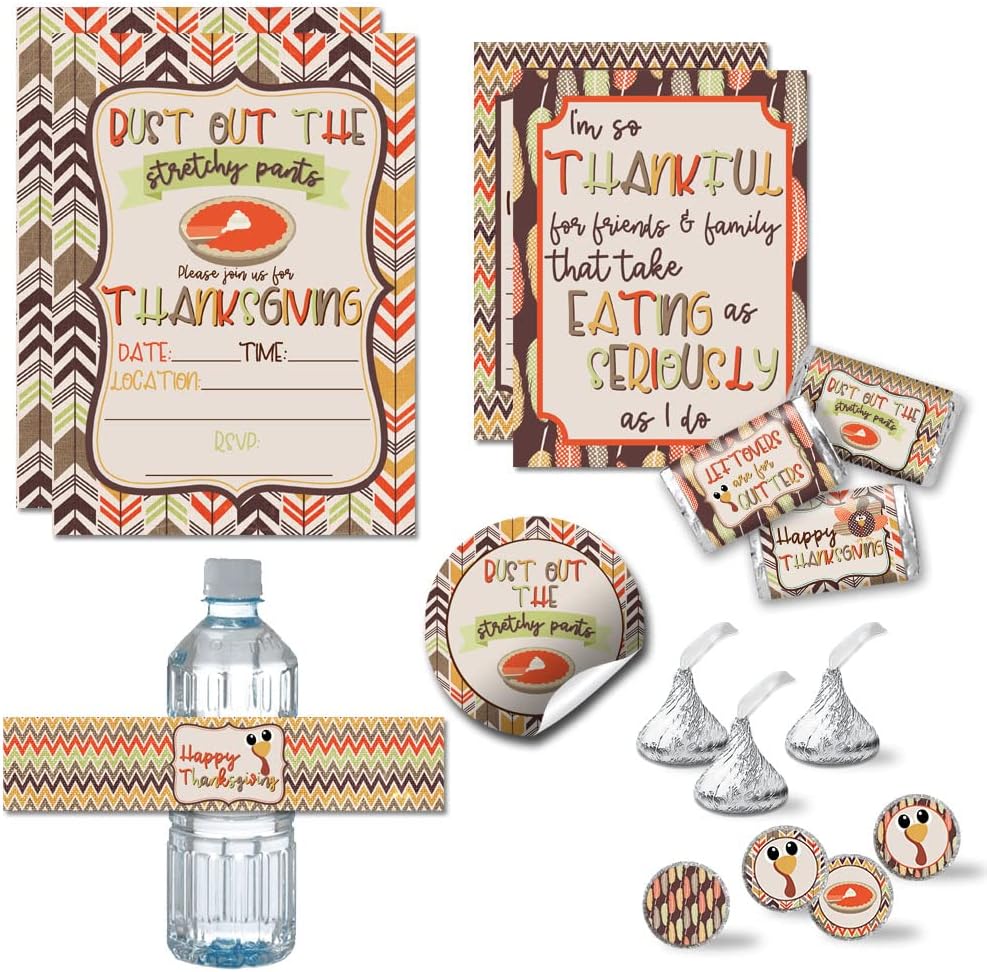 Deluxe Funny Bust Out The Stretchy Pants Thanksgiving Party Bundle, Includes 20 Invitations & Envelopes & Gratitude Activity Cards plus 3 Different Sizes of Stickers and Water Bottle Labels!