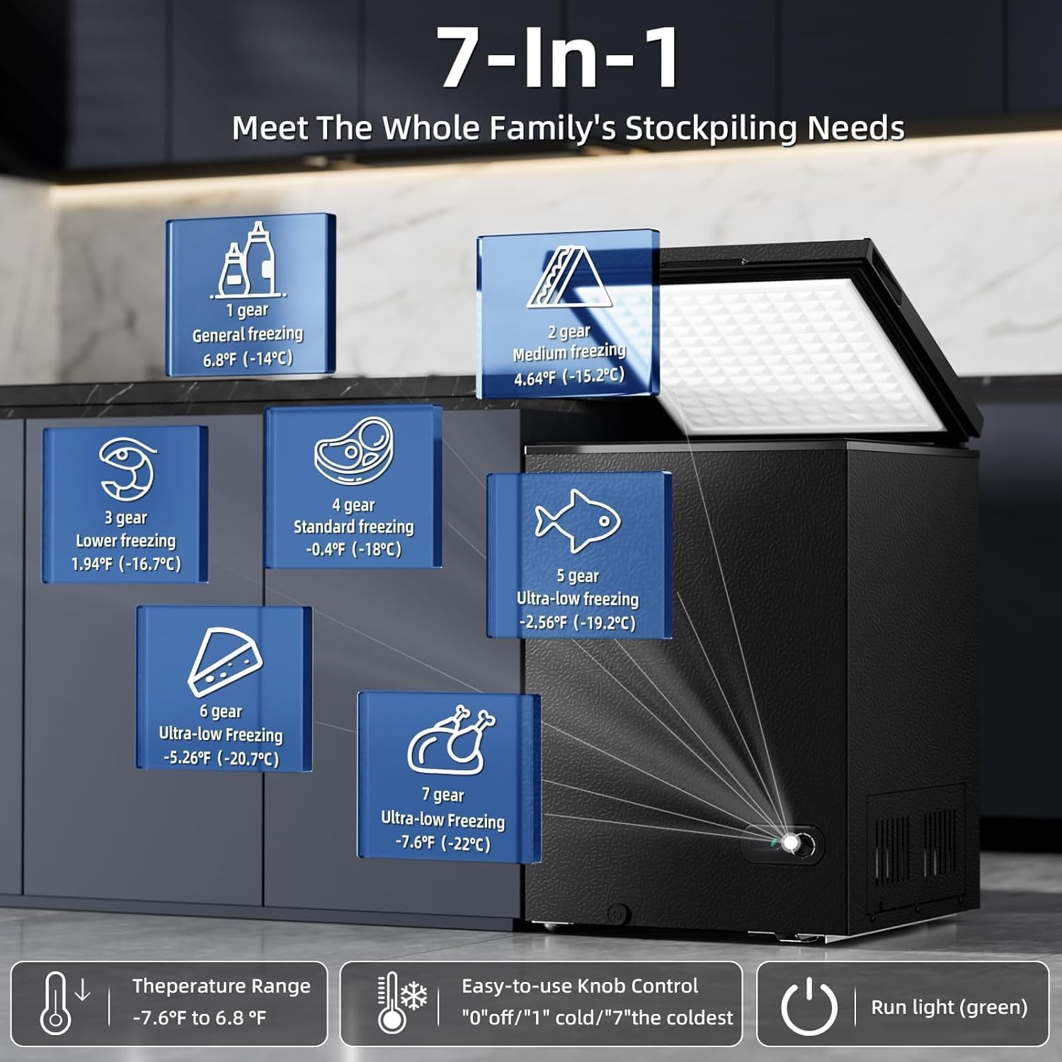 Antarctic Star 3.5 Cu.ft Chest Freezer 6.8℉to -4℉with Removable Basket Free Standing Top open Door Compact Freezer with Adjustable Temperature Defrost Water Drain/Power Saving Black