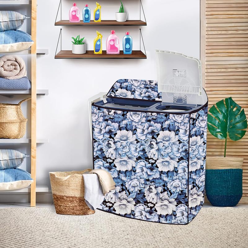 Image of PVC Printed Semi Automatic Washing Machine Cover Compatible For Samsung, Lg, Whirlpool 6Kg, 6.2Kg, 6.5Kg, 7Kg, 7.2Kg, 7.5Kg, 8kg, 8.5kg | Waterproof & Dustproof Cover, Blue Flower.