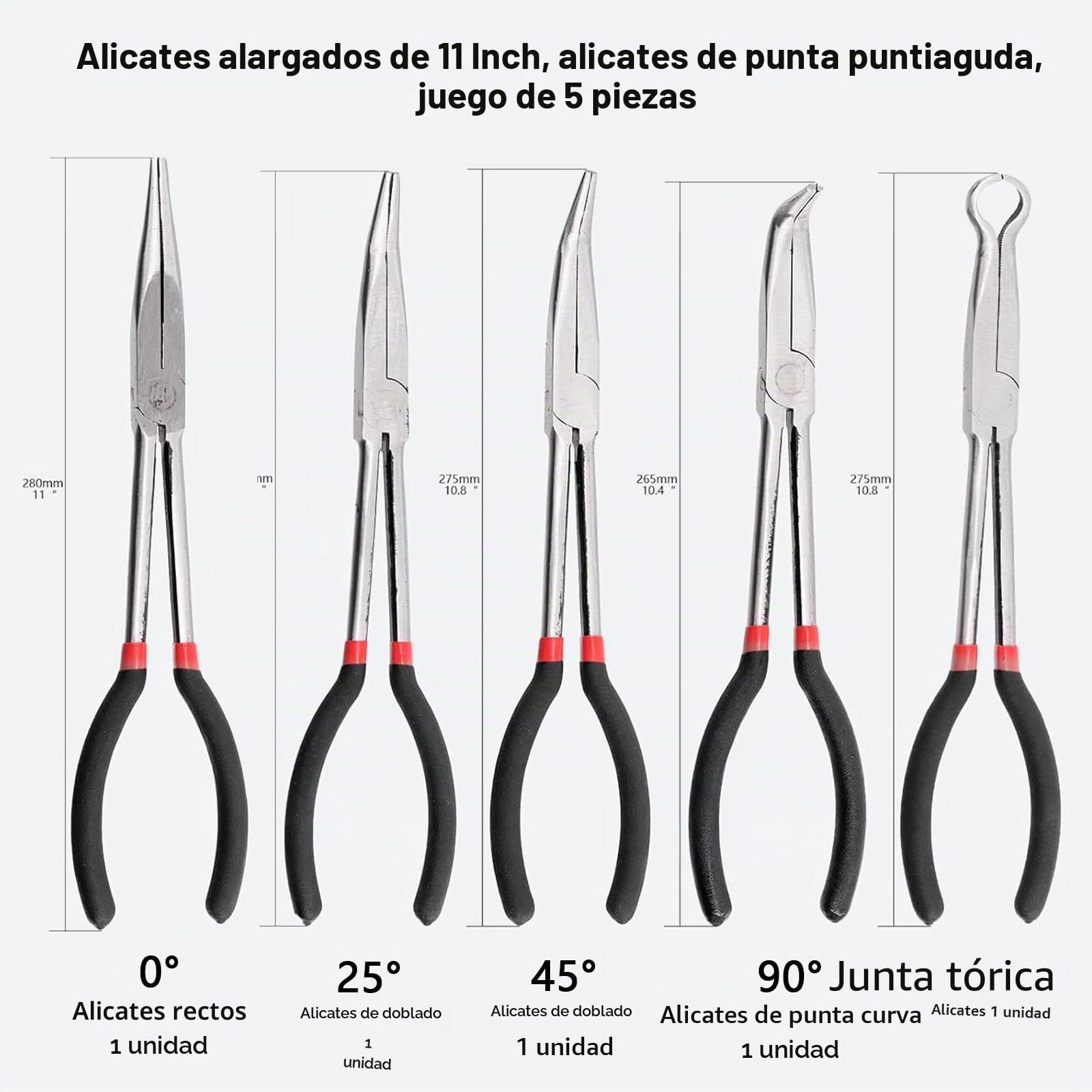 Juego de 5 Alicates de Punta Recta de Aguja de Precisión de 11 Pulgadas Alicates de Largo Alcance Circulares de Largo Alcance, para Carrocería de Automóvil