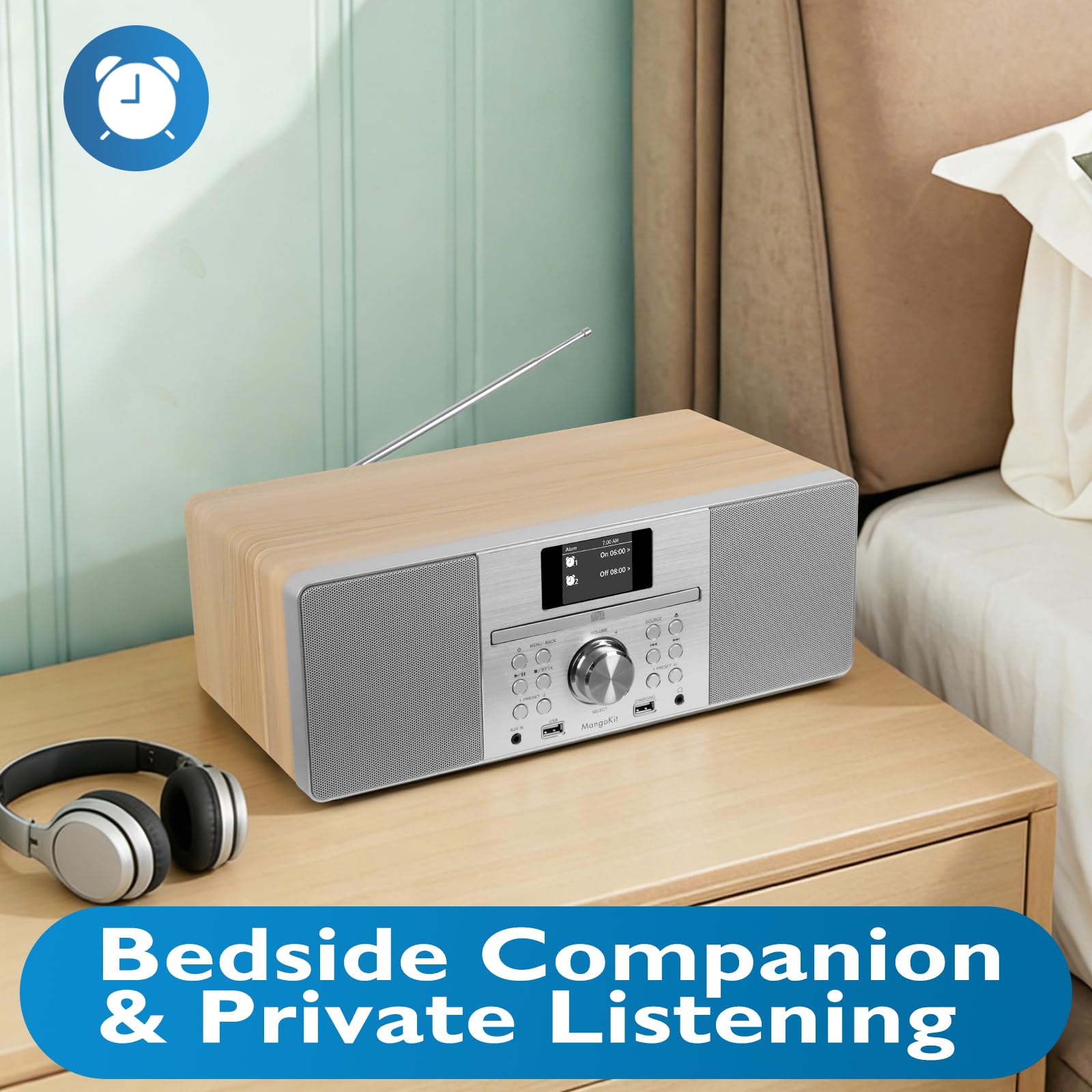 Lecteur CD avec Radio Dab/Dab+ et FM, Streaming Bluetooth, système Hi-FI stéréo 80 W, écran Couleur, 60 Stations préréglées, télécommande, Coffret en Bois Acoustique, MANGOKIT MS1-Arce