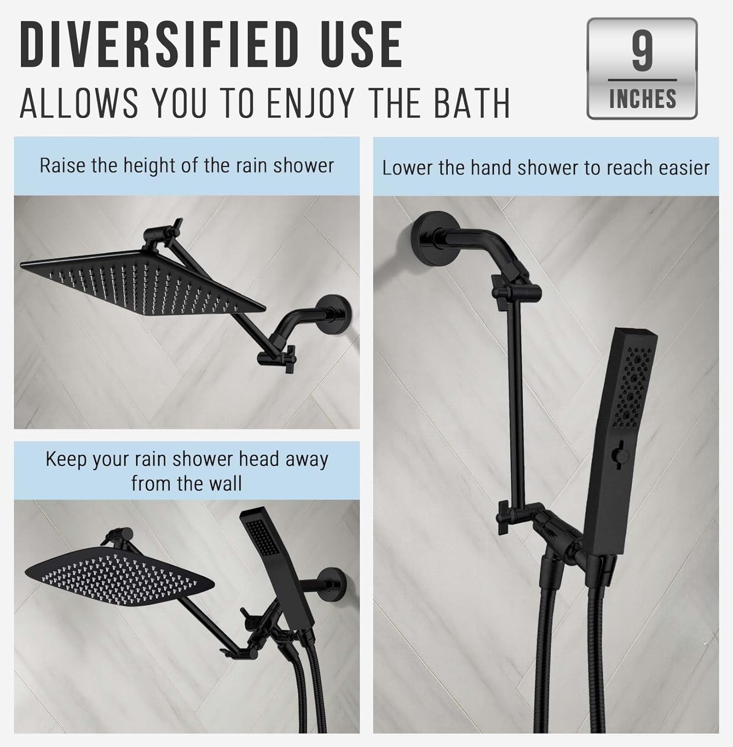 G-Promise Solid Metal Shower Arm Diverter for Hand Held Showerhead and Fixed Spray Head, G 1/2 3-Way Bathroom Universal Diverter System Replacement Part, 9 Inch Adjustable Shower Head Extension Arm