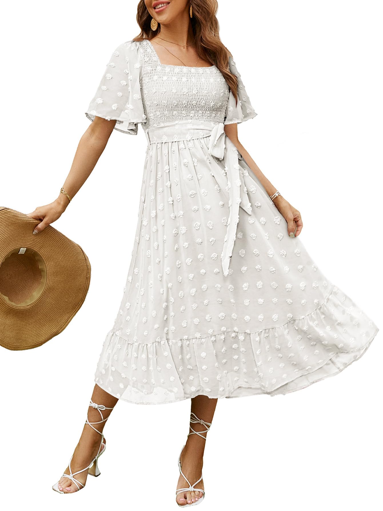 Amegoya Women's Boho Flowy Long Sleeve Square Neck Floral Midi Dress Smocked Spring Fall Wedding Guest Dresses