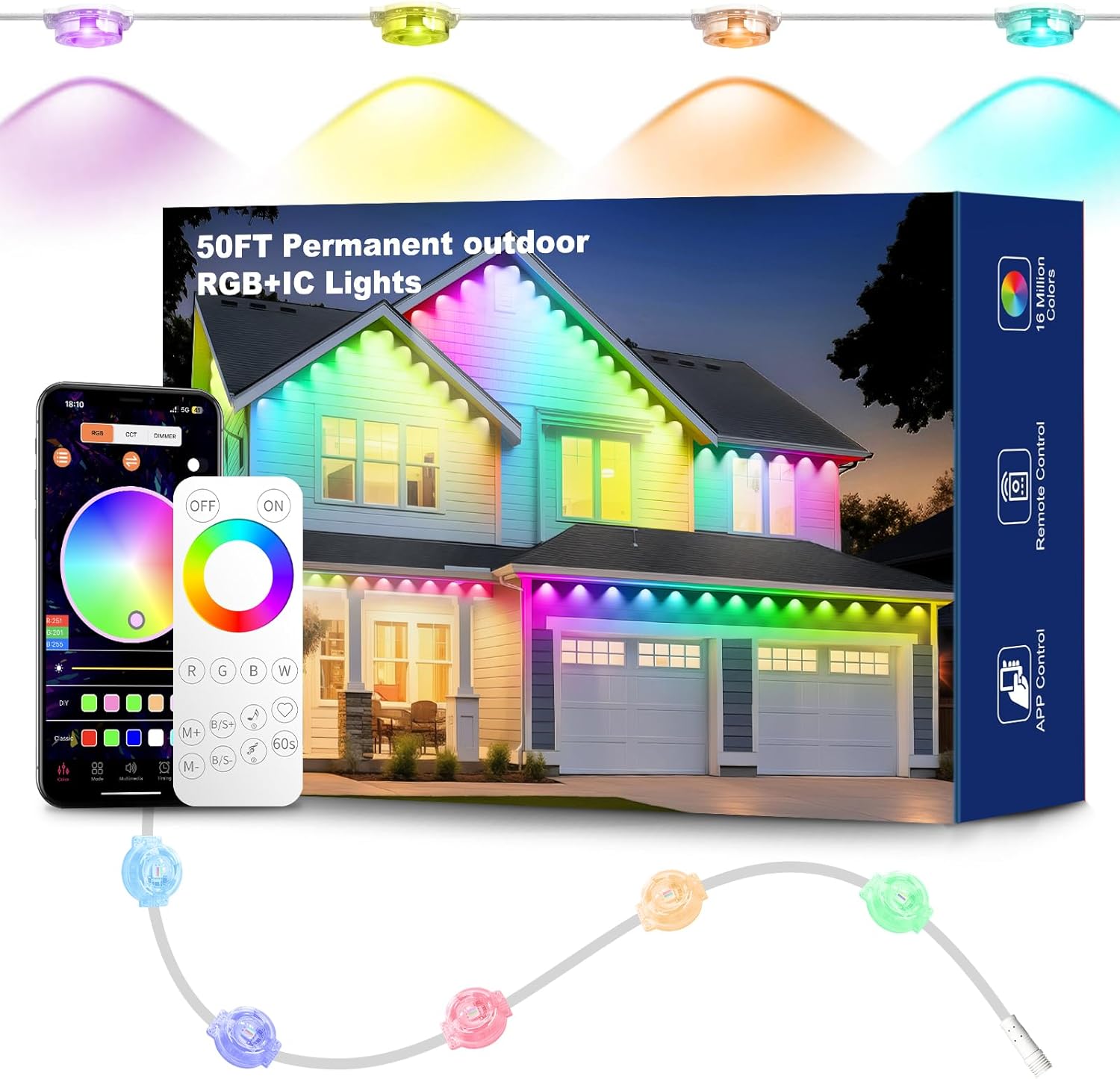 100ft RGB+ IC Permanent Outdoor Lights, Eaves Lights with 50 LED Lights, IP68 Waterproof, Music Sync with Remote Control for Garden Party Decor, Deck, Christmas with Cool White