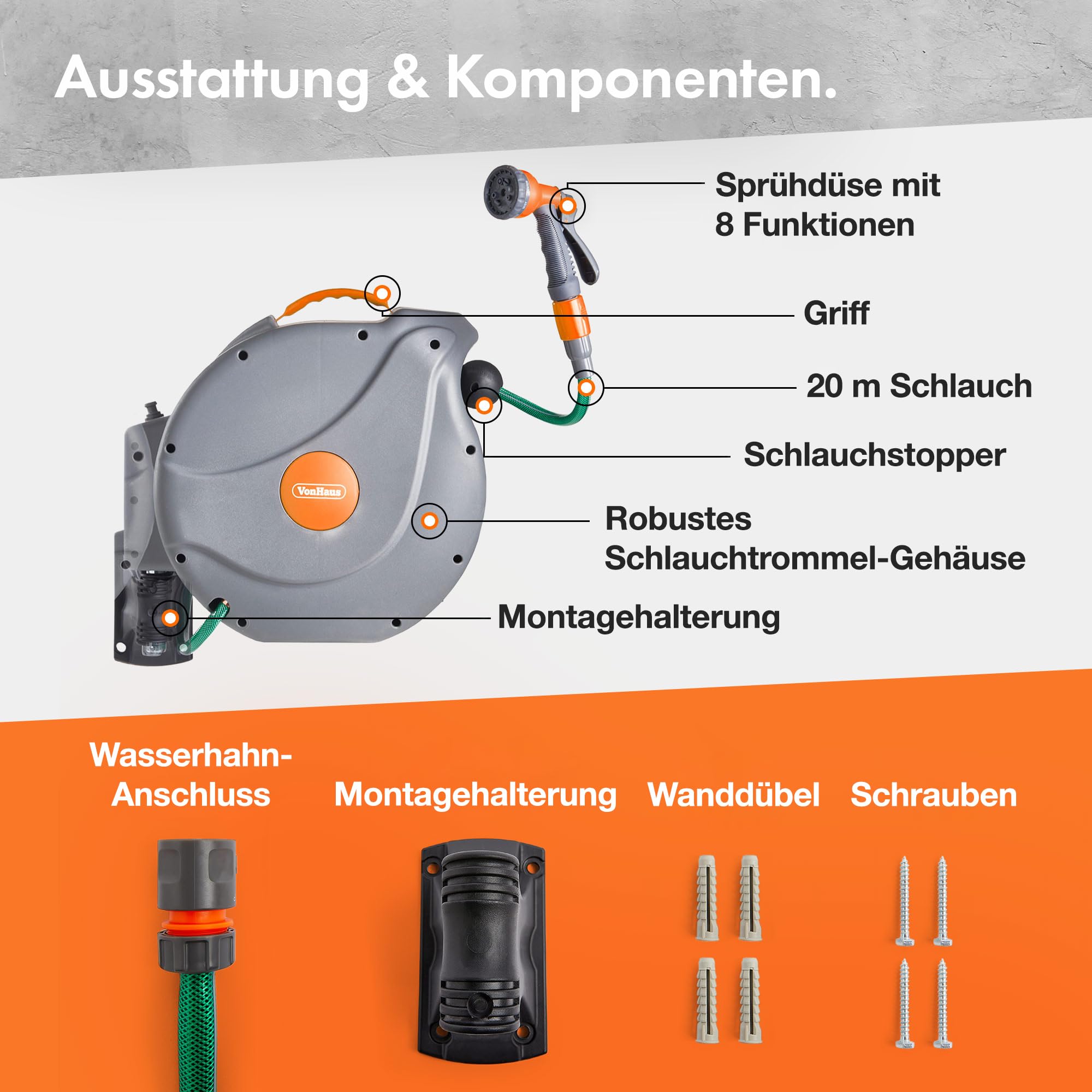 VonHaus Schlauchtrommel 20m, Wandmontierte Gartenschlauch Trommel mit Automatischer Aufrollfunktion, Auto Lock, 180° Schwenkbar Schlauchbox, Schlauchaufroller Inkl. 8 Funktionen Sprühpistole