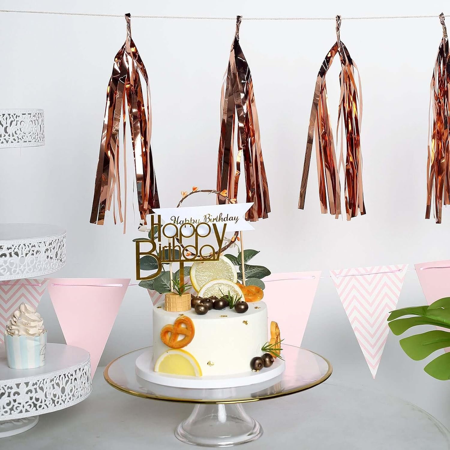 Efavormart 5 PCS Pre-Tied Metallic Foil Fringe Tassel Garland, 7.5FT Tinsel Curtain String for Party Photo Backdrop, Wedding, Birthday Decor - Blush/Rose Gold