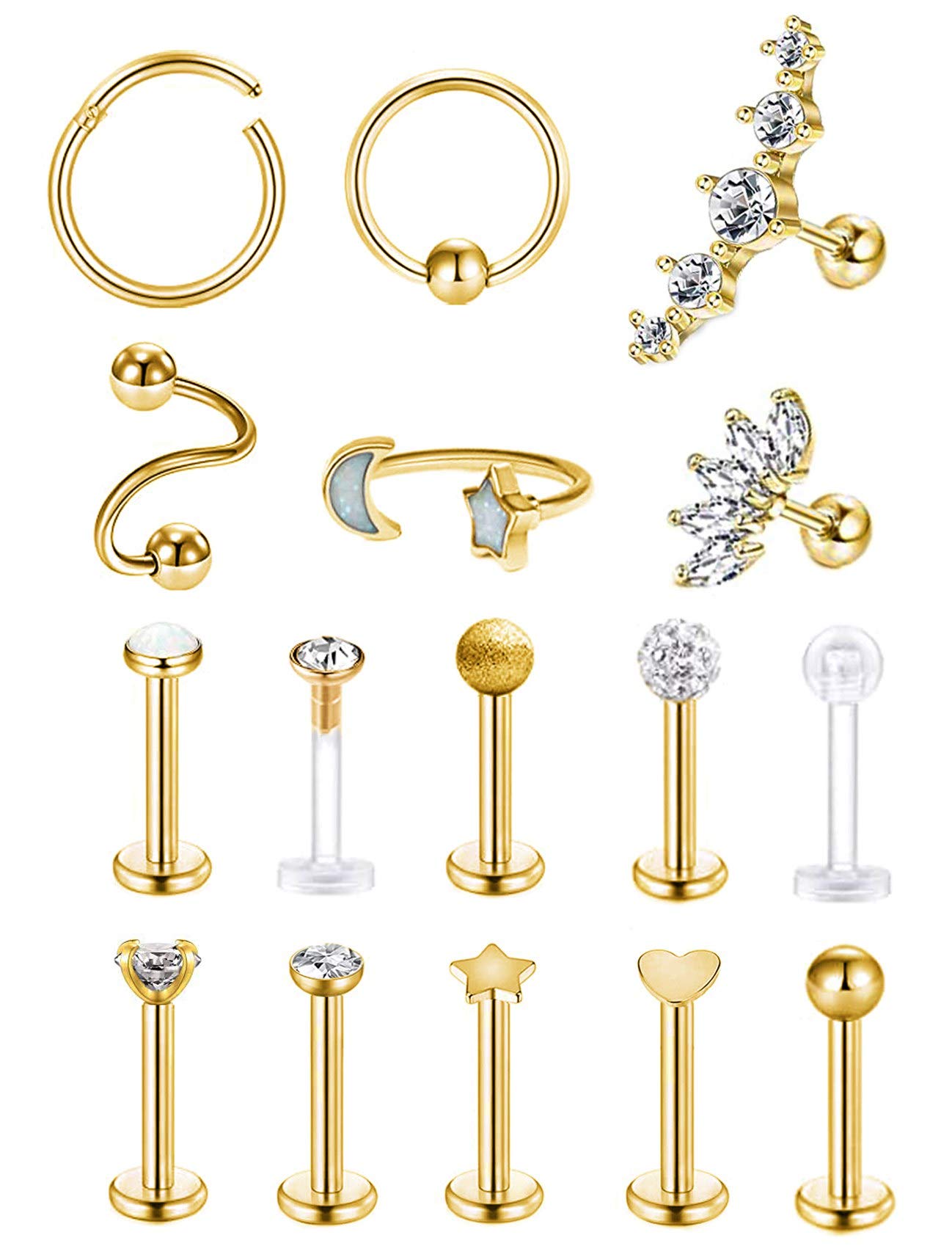 REVOLIA 16 Pcs 16G Stainless Steel Tragus Earring Cartilage Helix Single Earring Lip Rings Labret Studs Daith Rook Piercing