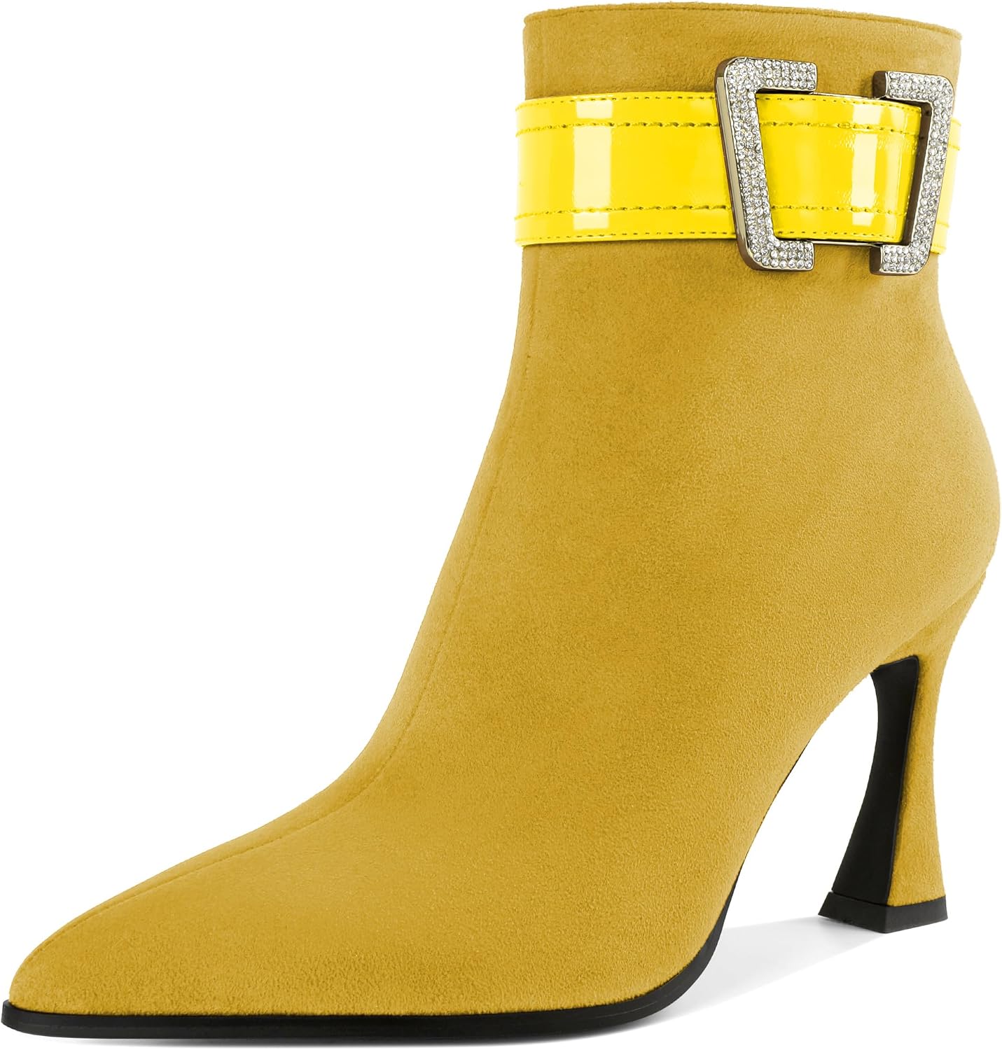 AUMOTED Women's Ankle Boots With Buckle Rhinestones Thigh High Heel Pointed-toe Booties Elegant Spool Heel Booties 3.4 In Short Boots