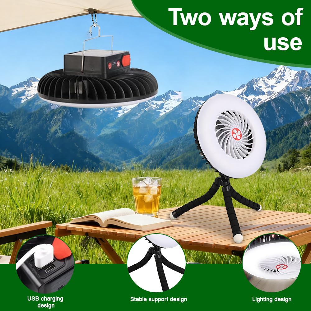 LED Campinglampe mit Ventilator USB Aufladbar, 2-in-1 Tragbarer Camping Ventilator mit Licht, Campingventilator mit Magnet und Hanging Haken, Zeltventilator für Wandern Angeln Strand Wohnwagen