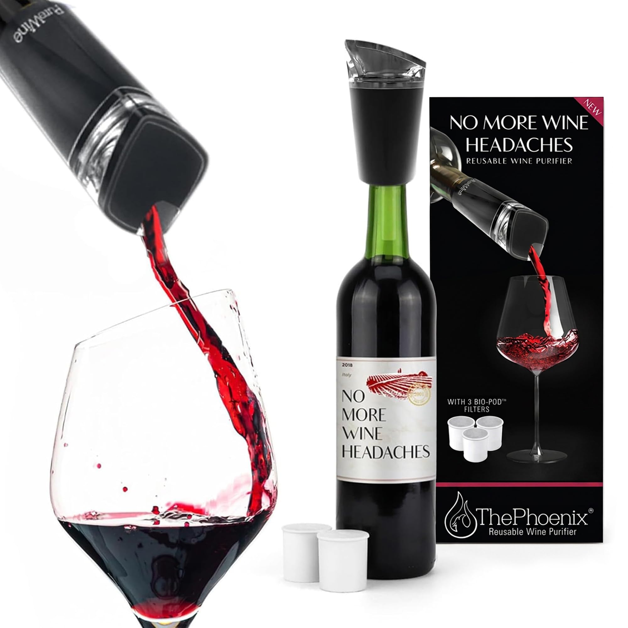 Filtre histamine et sulfites pour vin : aérateur réutilisable PureWine Phoenix contre les maux
