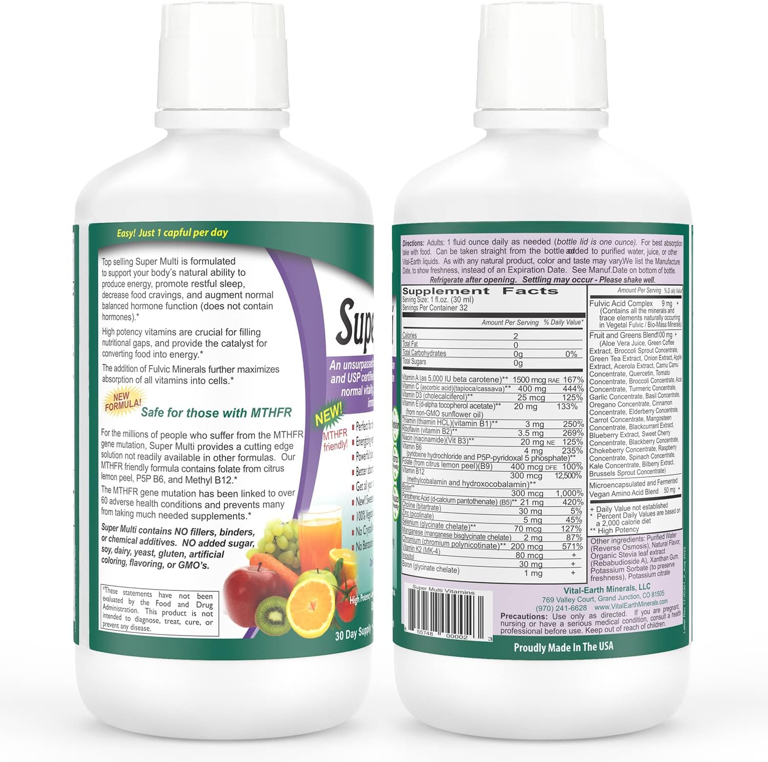 Vital Earth Minerals Super Multi with Pump – Liquid Multivitamin for Women, Men & Kids with Fulvic Acid for Better Absorption, MTHFR Support, 32 Oz + 1 Oz Cup - Image 2