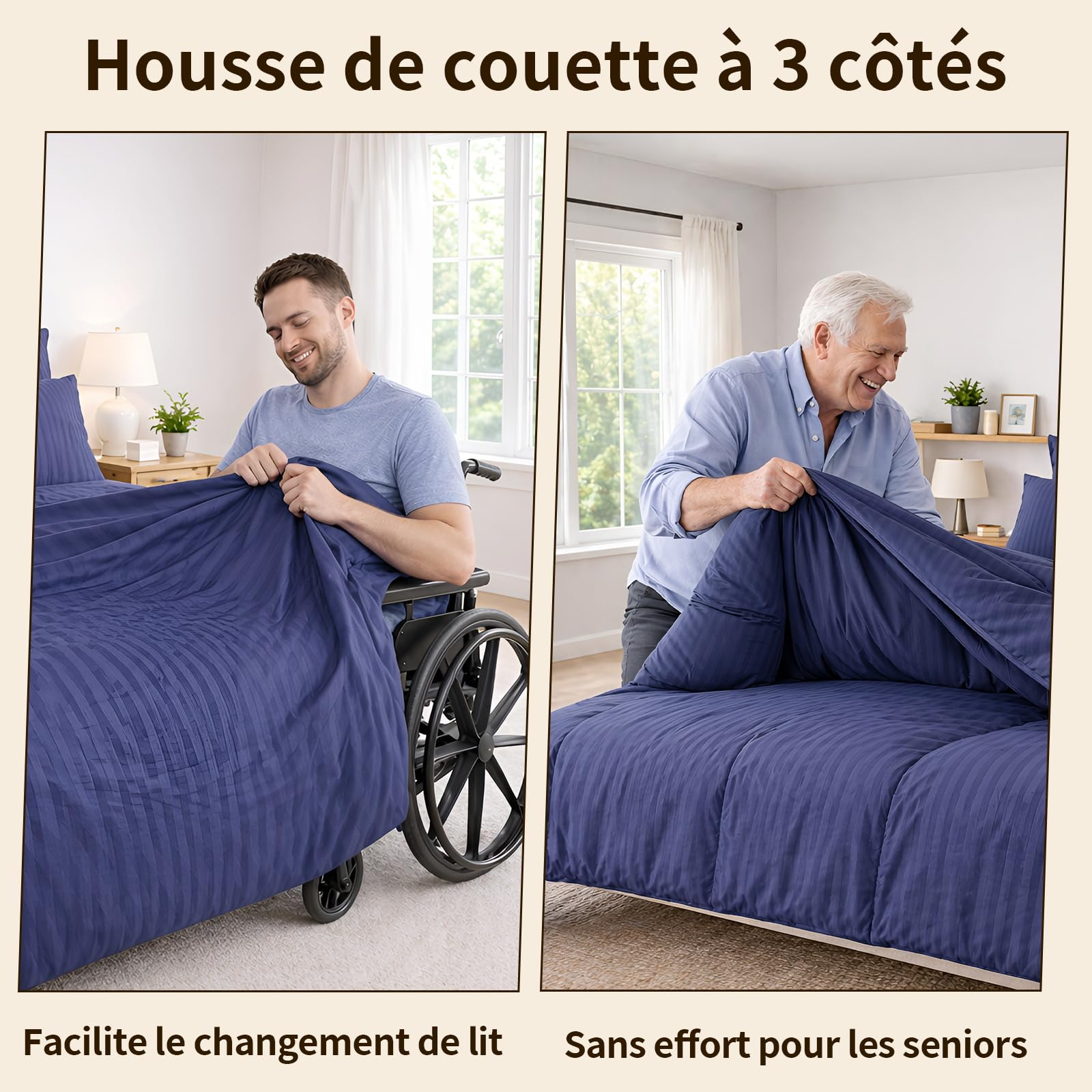 Ouverture 3 Côtés Changement Rapide (1 Personne, 2 Min) Housse de Couette 220x240cm Bleu Marine | Microfibre Ultra-Fin + 2 Taies d’Oreiller 80x80cm