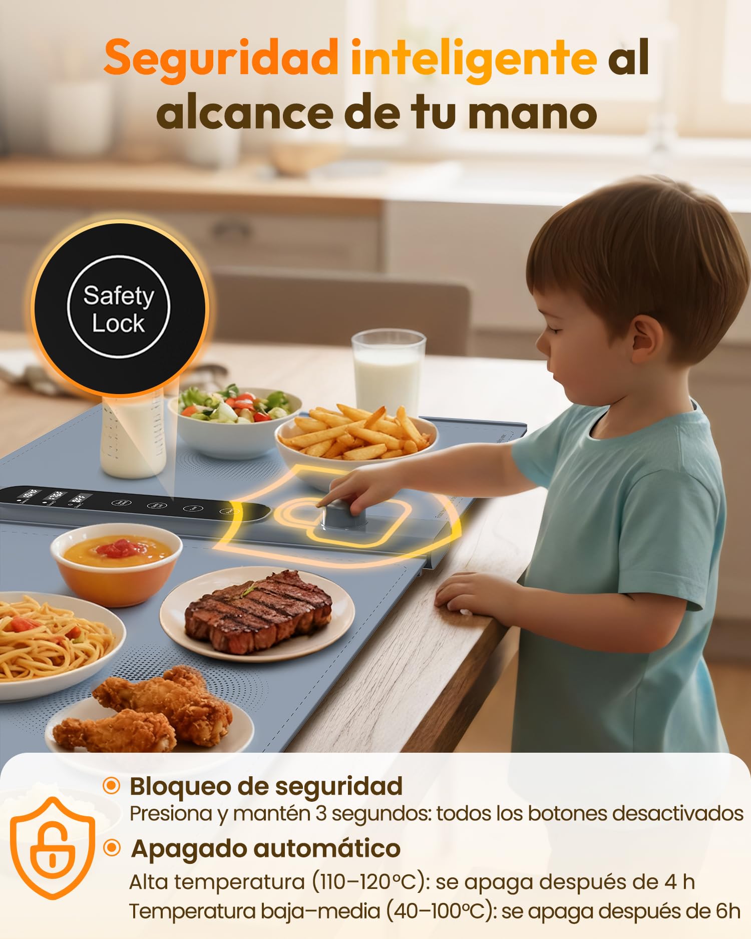 Bandeja de Calentamiento de Silicona 101×43 Cm, Bandeja Calienta Platos de 3 Zonas Independientes con 17 Temperatura de 1–6 Horas, Eléctrica Bandeja Calentadora de Comida para Buffets y Fiestas