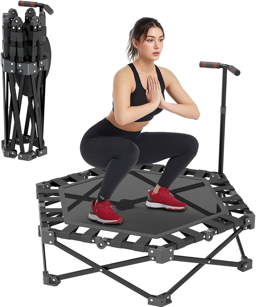 Trampoline Fitness Pliable, Mini Trampoline Intérieur 106 cm avec Poignée Réglable 3 Hauteurs, Cadre X Renforcé Extra Stable 275 kg Capacité de Charge