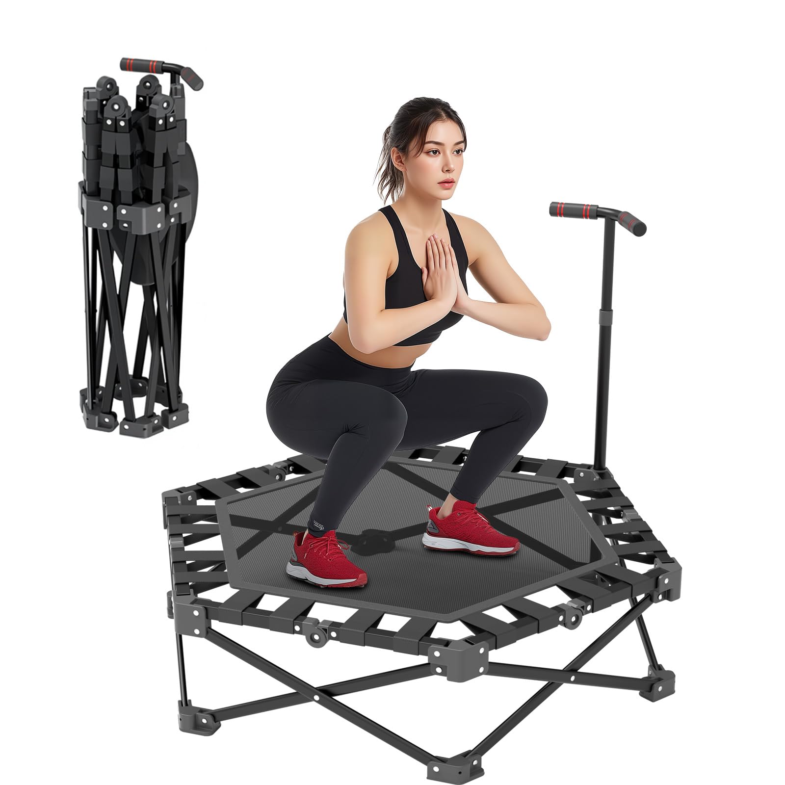 RDTOK Trampolin de Fitness Plegable, Mini Cama Elastica para Interior 106 cm con Barra Ajustable en 3 Alturas, Estructura en X Extra Resistente Soporte Máximo 275 kg