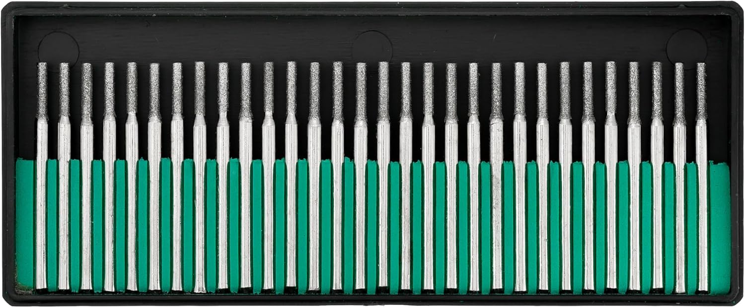 30pcs Diamond Burrs Cylinder Head 120 Grit 2mm Diameter - 3mm Shank Drill Bits for Grinding Carving Engraving Polishing - Gemstone Coated File Tip Tipped Point Rotary Tool Set