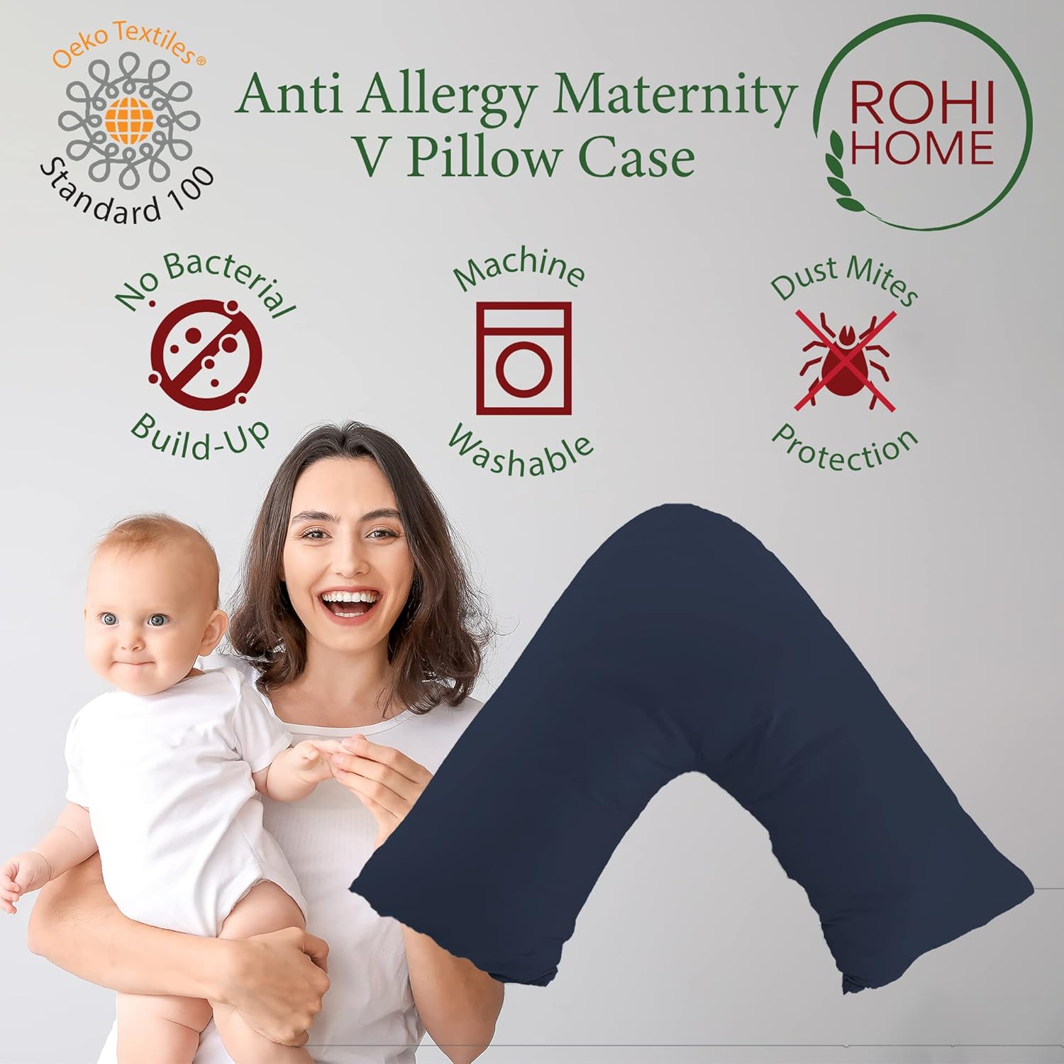 Rohi Navy V Shaped Pillowcase, Soft & Breathable V Pillow Cover, Hypoallergenic Triangle Pillow Case, Envelope Closure - Image 5