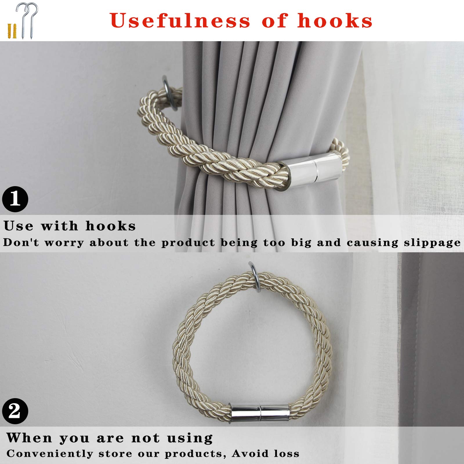Lot de 2 embrasses de rideaux magnétiques solides - Beige - 50 cm - Attaches pratiques pour rideaux fins ou épais avec crochets en métal - Légèrement lourdes