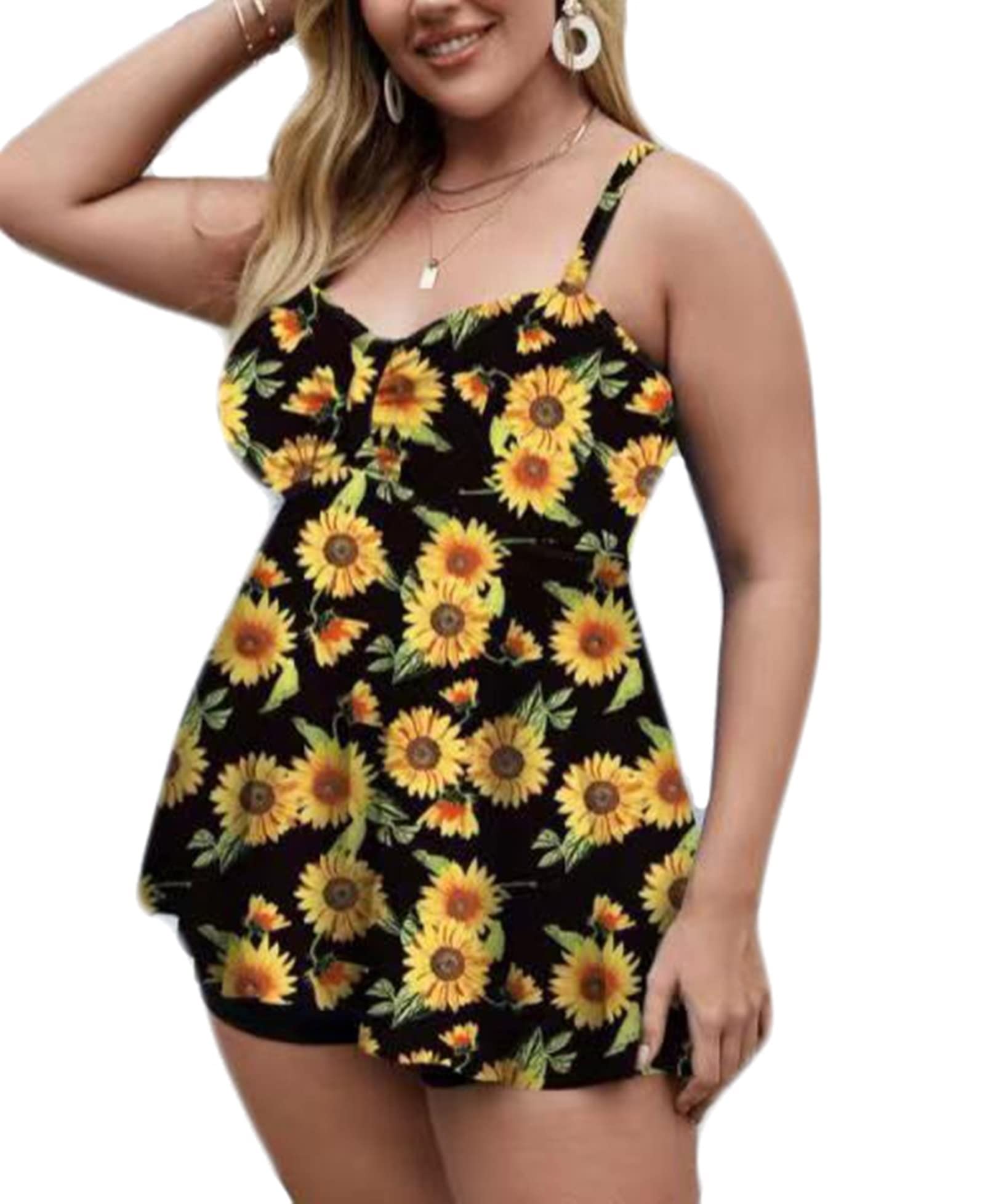 2 Piece Swimsuit Women Plus Size, Yellow Black Womens Bathing Suits Tankini with Sunflowers Polyester Bathing Suit for Adults Size 4XL