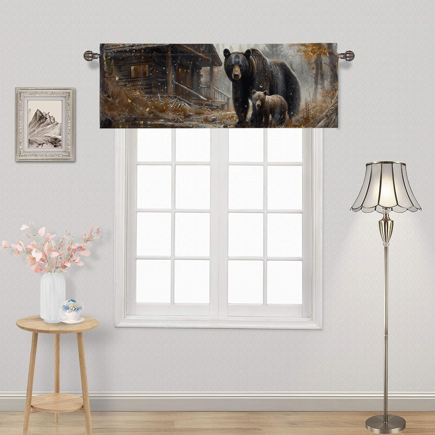 Bear Window Curtain Valances Rustic Forest Cabin Wildlife Animal Pine Tree Hunting Camping Rod Pocket Kitchen Curtain Treatment Drapes for Bathroom Bedroom Living Room 54 x 18 Inch, 2 Panel