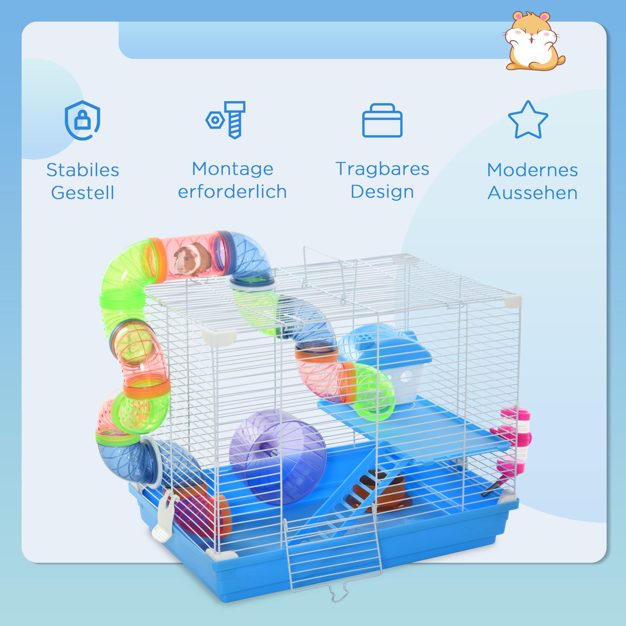 PawHut Kleintierkäfig Nagerkäfig mit Laufrad 2-Ebenen Kleintierstall Käfig Kleintier Futternapf Trinkflasche abnehmbare Bodenwanne Kunststoff Blau+Weiß 46 x 30 x 37 cm