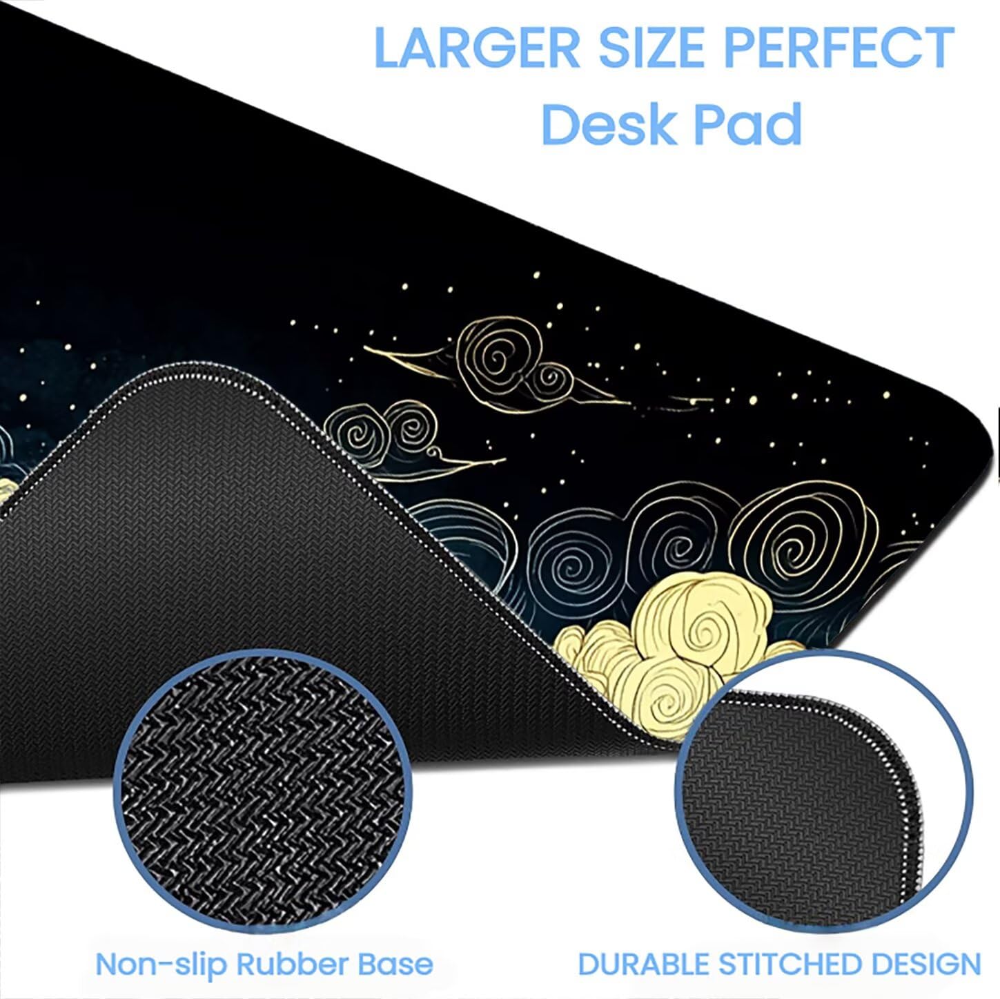 Lpfieonn Wellen Schreibtischunterlage XXL, Schwarz Schreibtischunterlagen Großes, Gaming Mousepad XXL mit ernähter Rand und Rutschfeste Gummibasis, Desk Mat für PC/Laptop/Mausa 120x60cm PF-2232