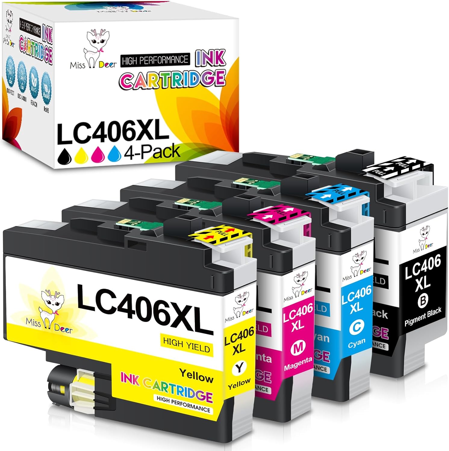 Miss Deer LC406XL Ink Cartridges for Brother Printer, Compatible Replacement for Brother LC406 XL LC 406 for MFC-J4335DW MFC-J5855DW MFC-J6955DW MFC-J6555DW MFC-J4535DW MFC-J5955DW 4-Pack (BK/C/M/Y)