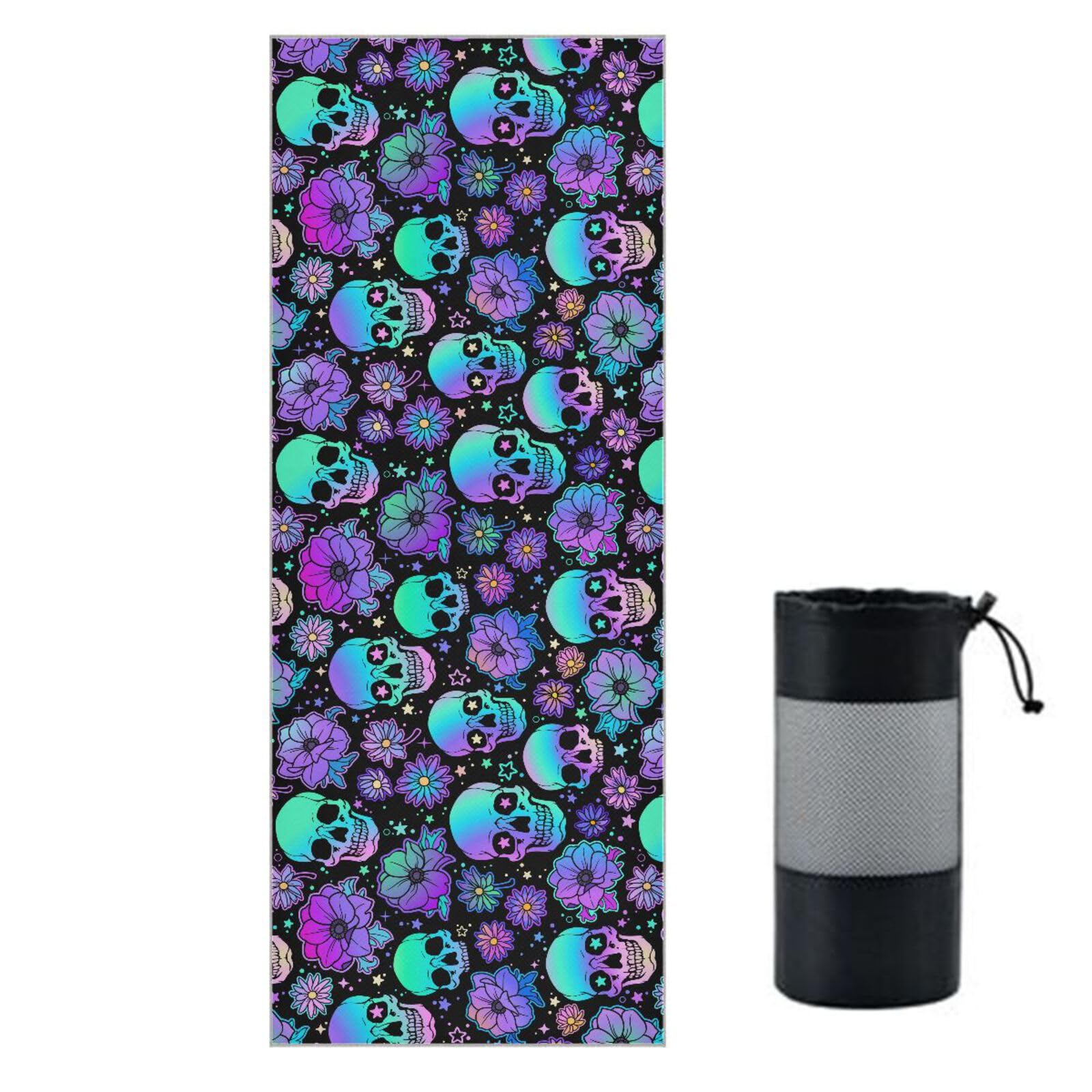 JHKKU Colorful Skull Flowers Yoga Mat Towel Non Slip Soft Sweat Absorbent Hot Yoga Mat Towel, for Hot Yoga, Pilates and Workout-73 x 27 Inch
