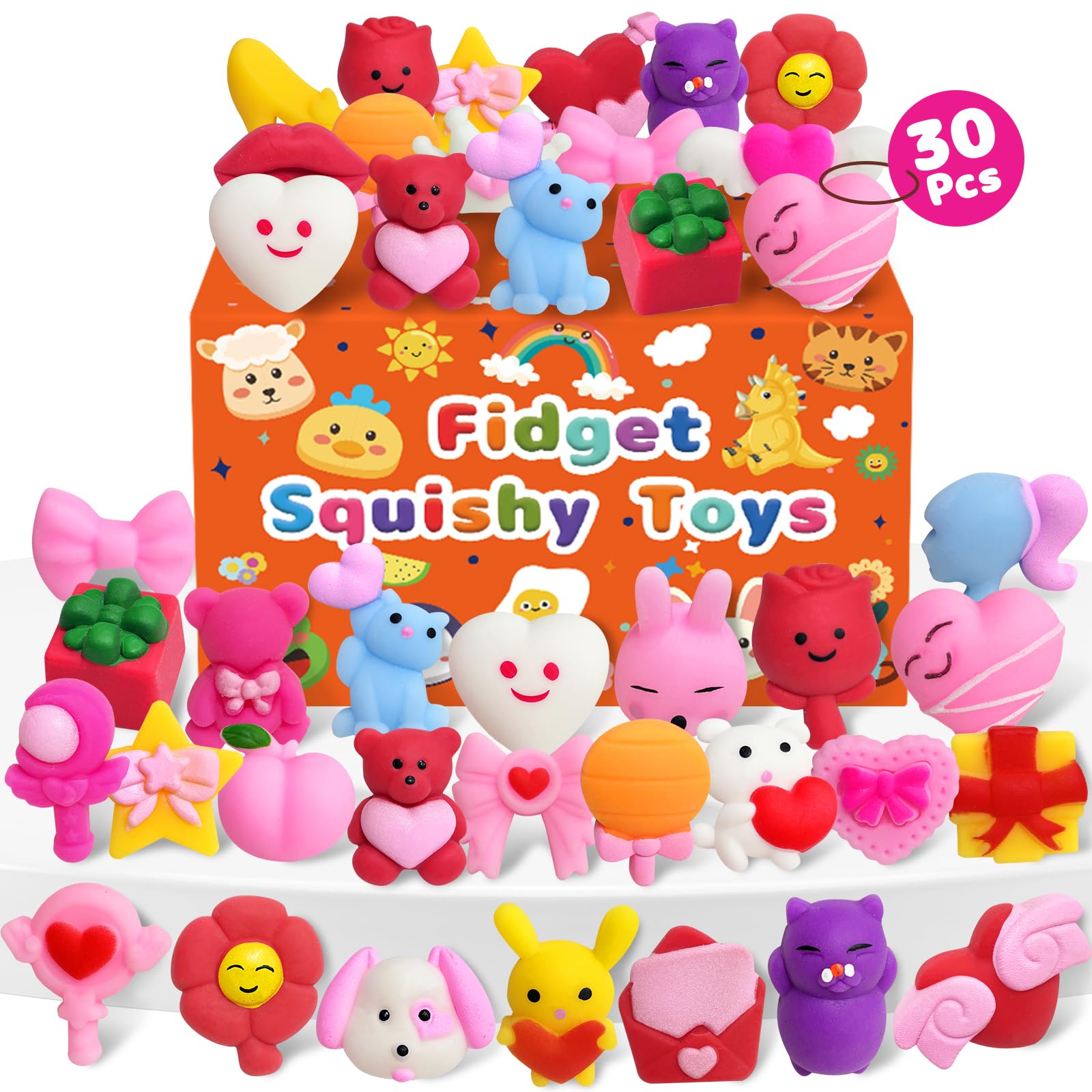 30 Pcs Valentines Squishy Toys, Party Favors for Kids 4-8, Bulk Valentines Day Gifts Non Candy Exchange for Kids Classroom Class School Students, Goodie Bags Stuffers Fidget Toys
