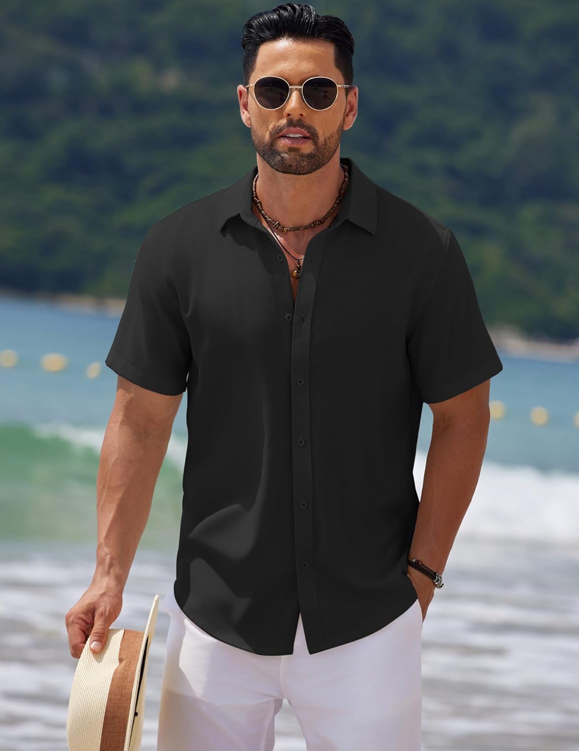 COOFANDY Men's Casual Summer Beach Shirt Short Sleeve Button Down Shirt Vacation Wedding Shirt Linen Textured Shirts - Image 2