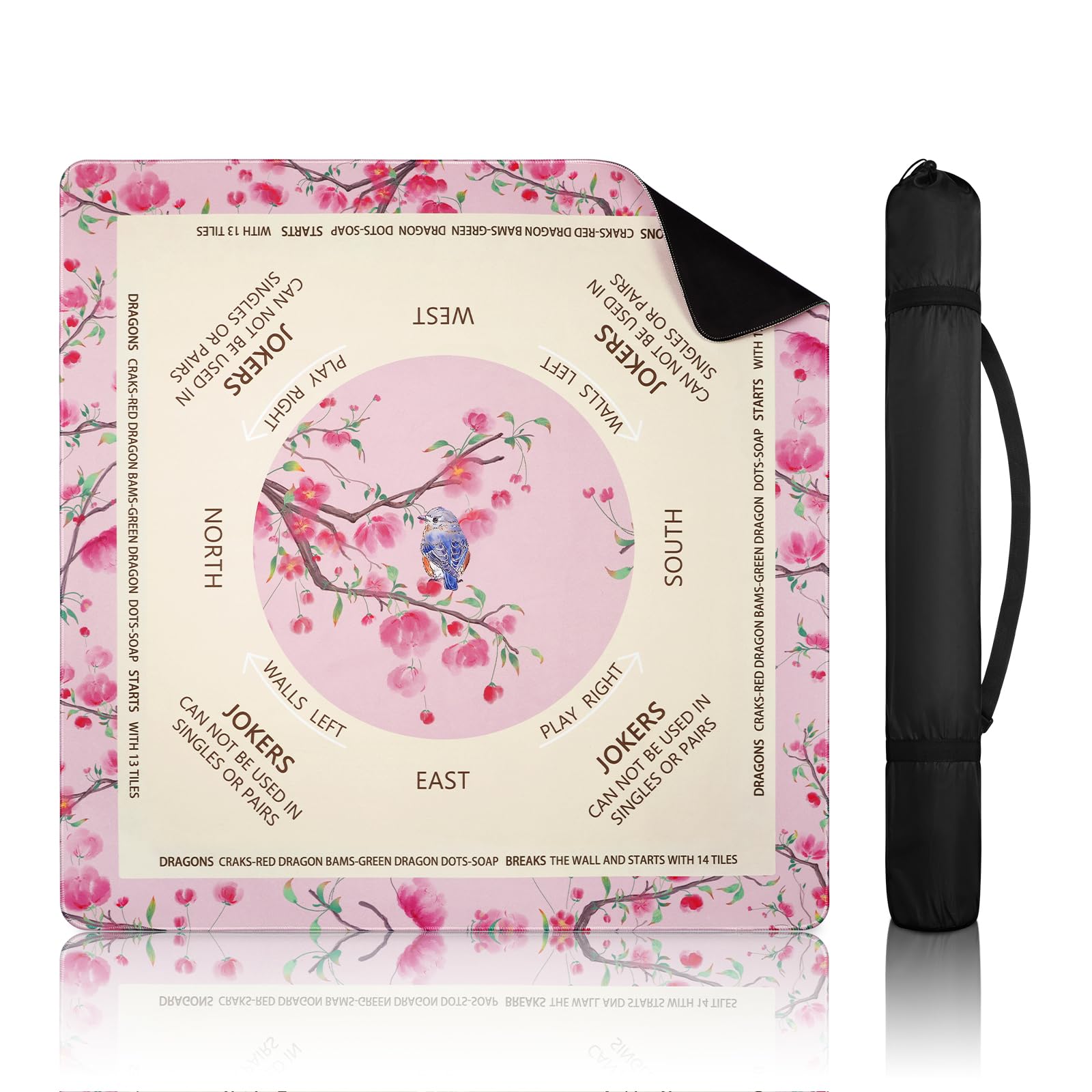DEVPNR Mahjong Mat for Table with Black Carrying Bag, 32.6"x32.6", Pink