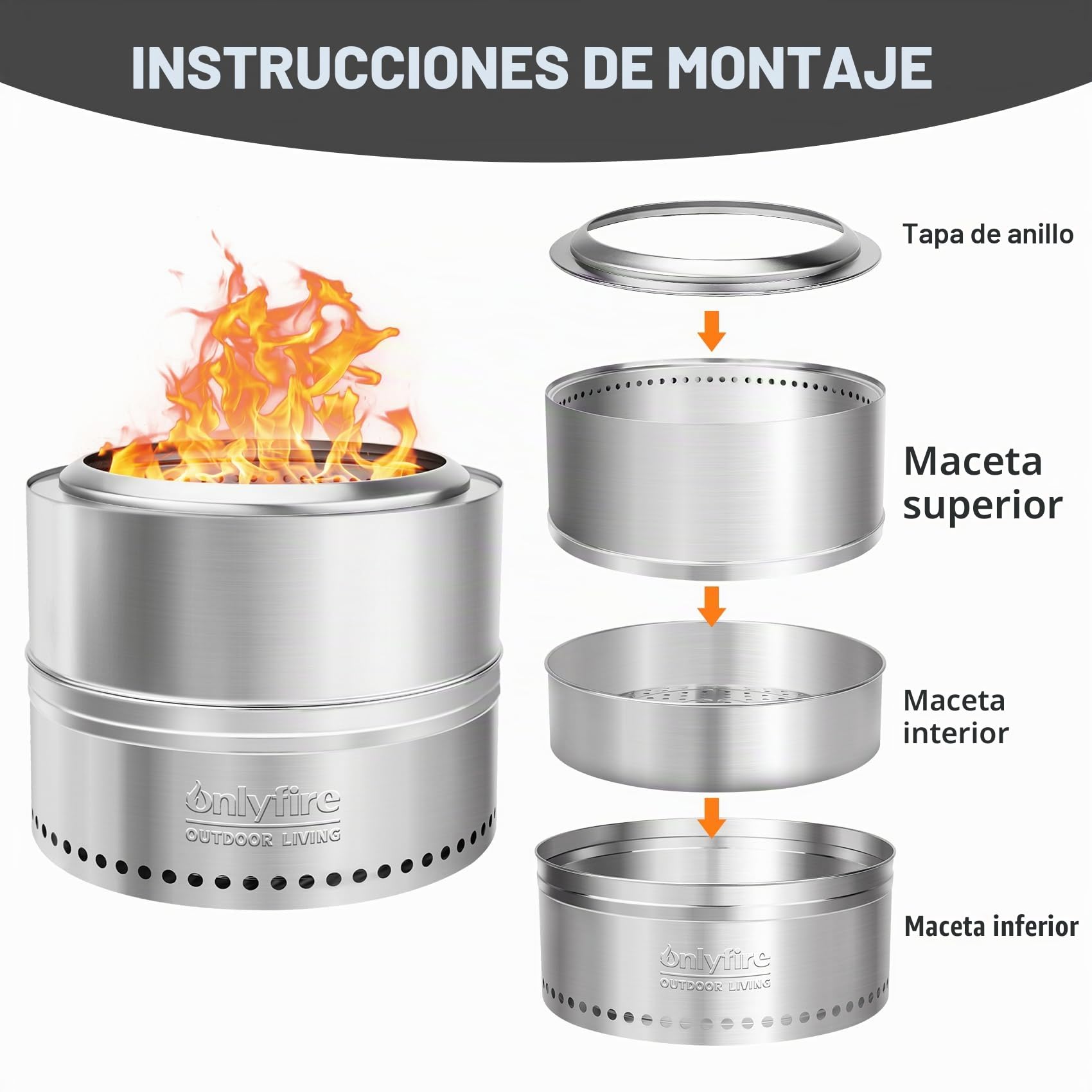 Onlyfire Brasero sin Humos Leña, Camping Portátil de Acero Inoxidable para Hogueras Al Aire Libre con Bolsa de Transporte para Camping, Barbacoa, Patio, Fiesta en El Jardín y Playa,⌀50 cm