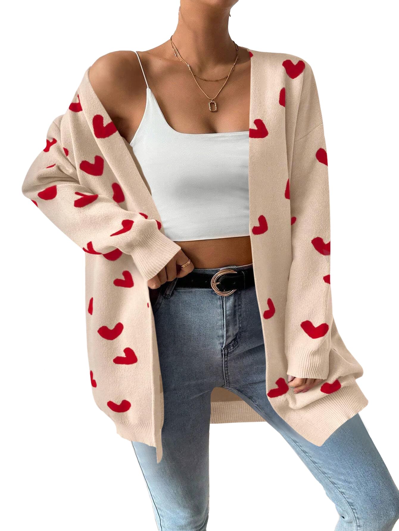 Womens Cute Heart Cardigans Oversized Long Sleeve Open Front Knit Sweaters-picture-19