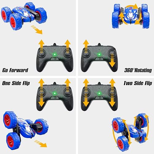 Miniatura 4 de STEMTRON Coche de control remoto anfibio azul con auto de acrobacias a control remoto de doble cara para correr rápido vehículos giratorios de 360