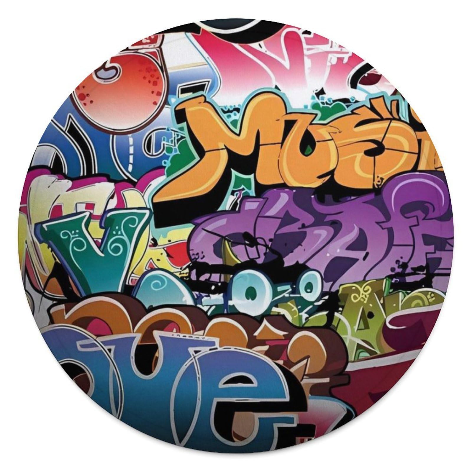 Couverture ronde en flanelle graffiti hip-hop de 150 cm pour canapé et salon