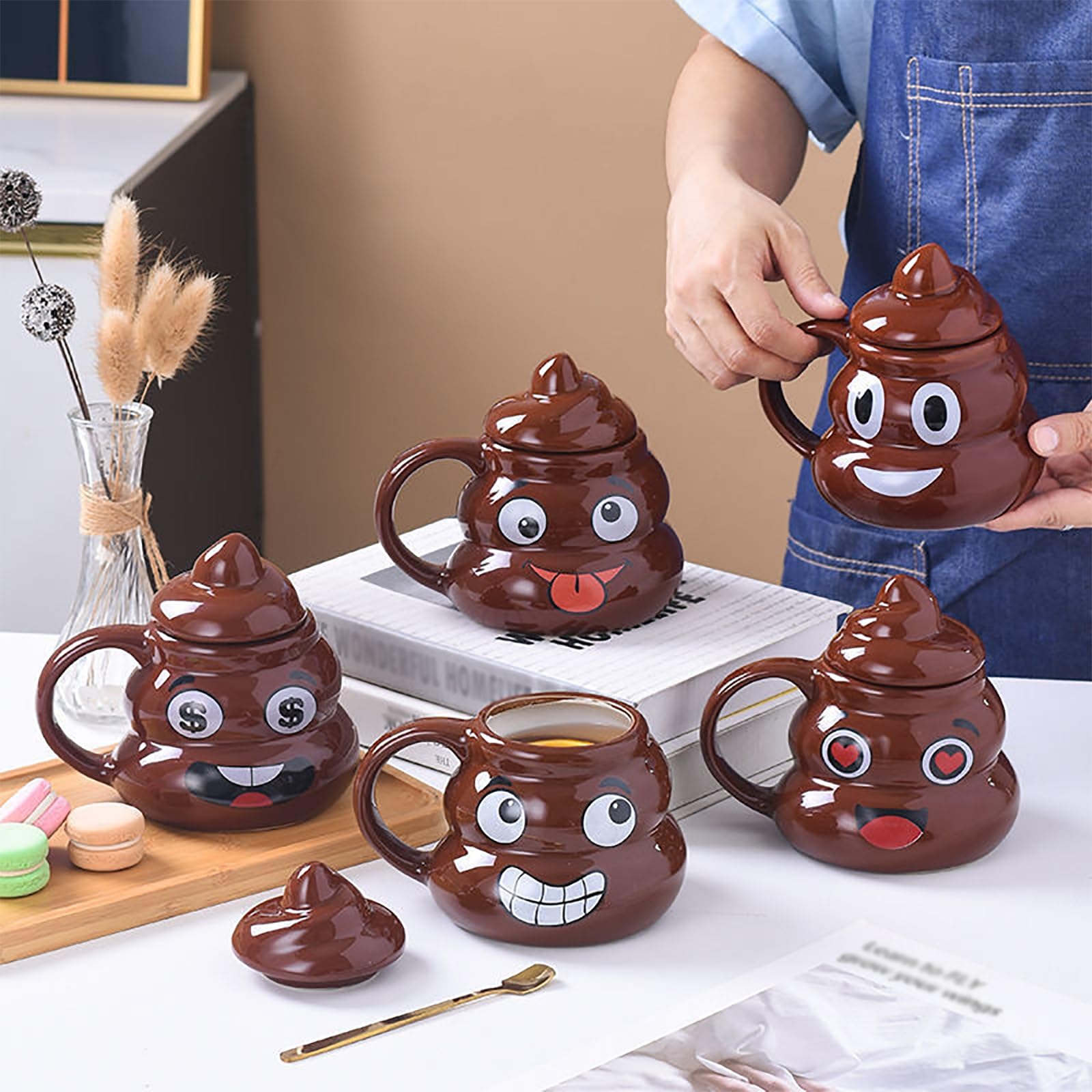 480ml / 16oz, Taza de Café Divertida con Forma de Caca, Taza Ceramica con Tapa y Cuchara, Creativa y Extravagante, Regalo de Broma Divertido para Hombres y Mujeres(Natural3)
