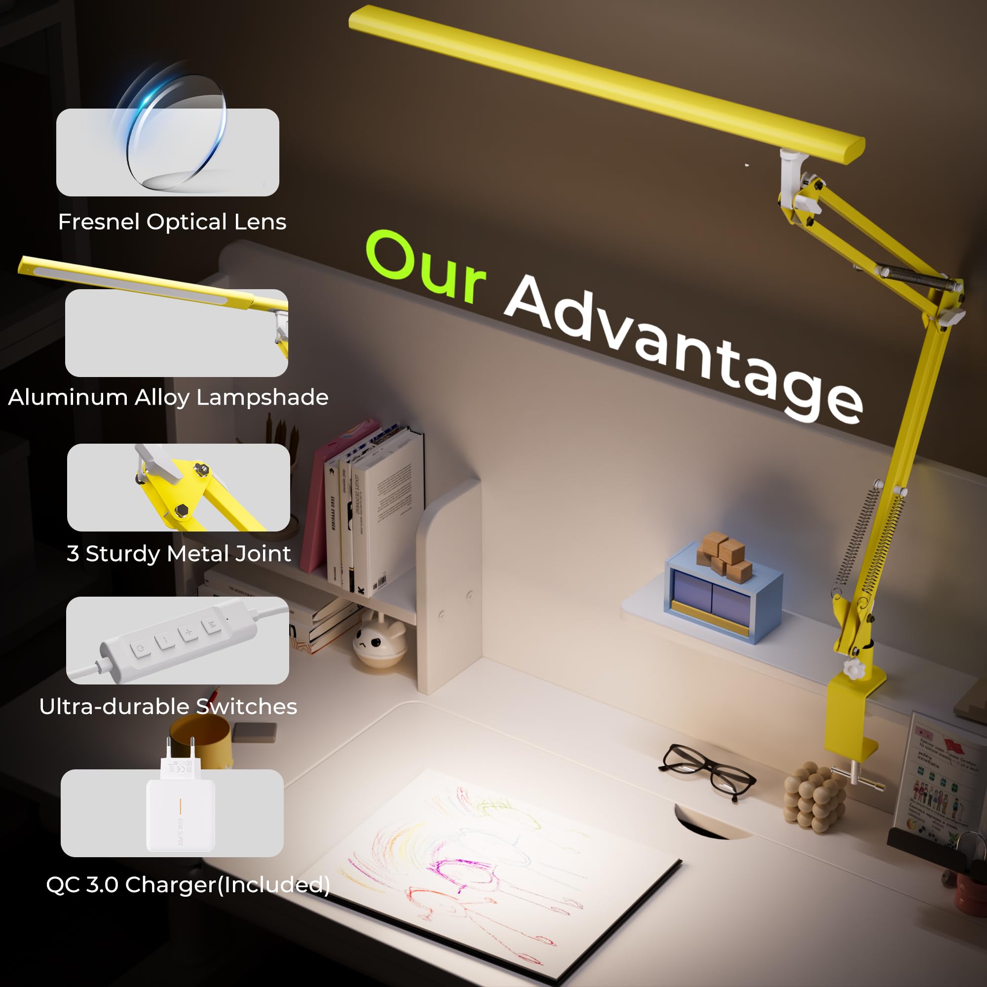 Lampada da scrivania a LED, lampada da scrivania per casa, ufficio, protezione degli occhi, lampada diurna, 5 temperature di colore e luminosità regolabili, con adattatore QC 3.0, 12 W, giallo