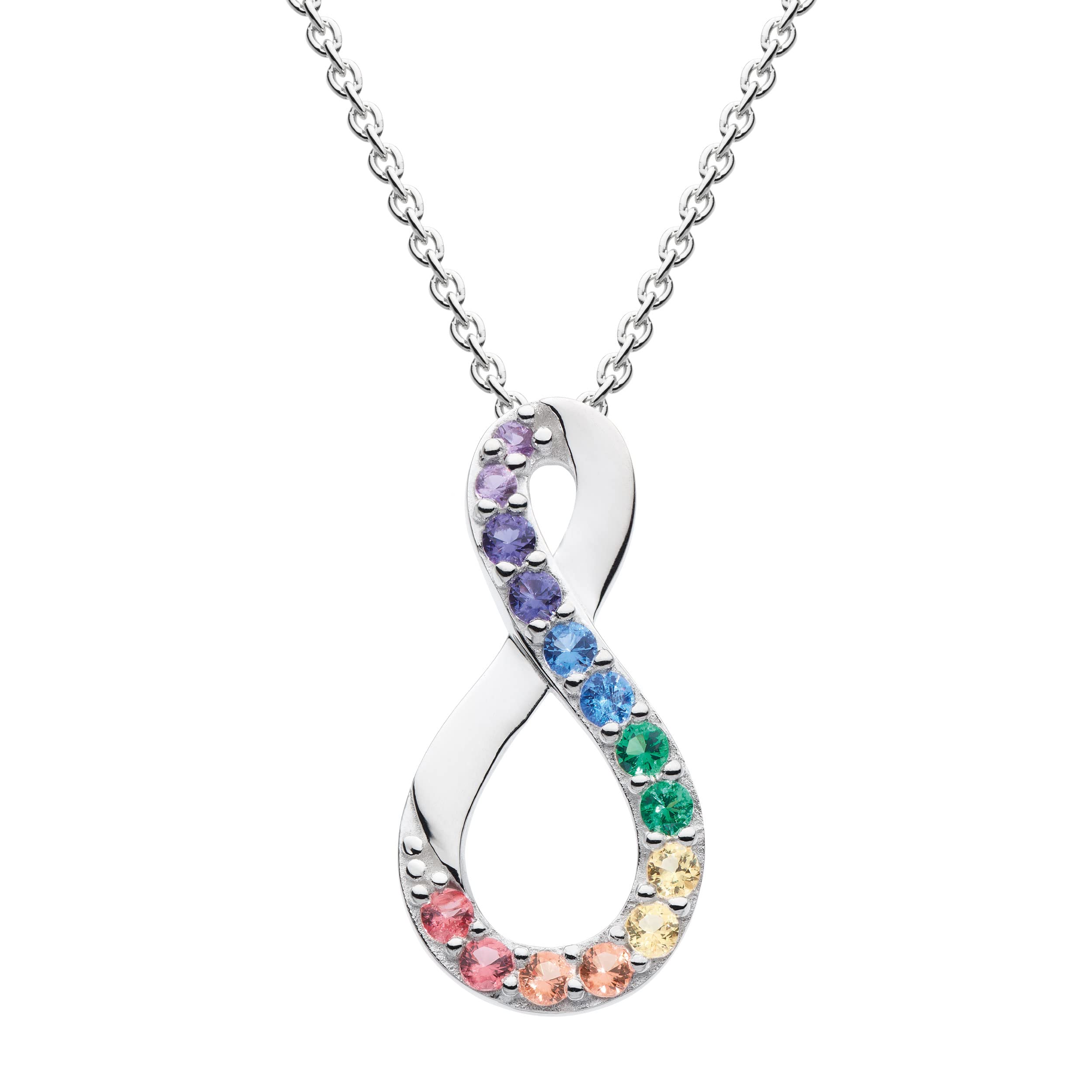 DewRainbow Infinity Pendant 18" Necklace – Sterling Silver, Vibrant Multi Coloured Nano Gems, Classic Style