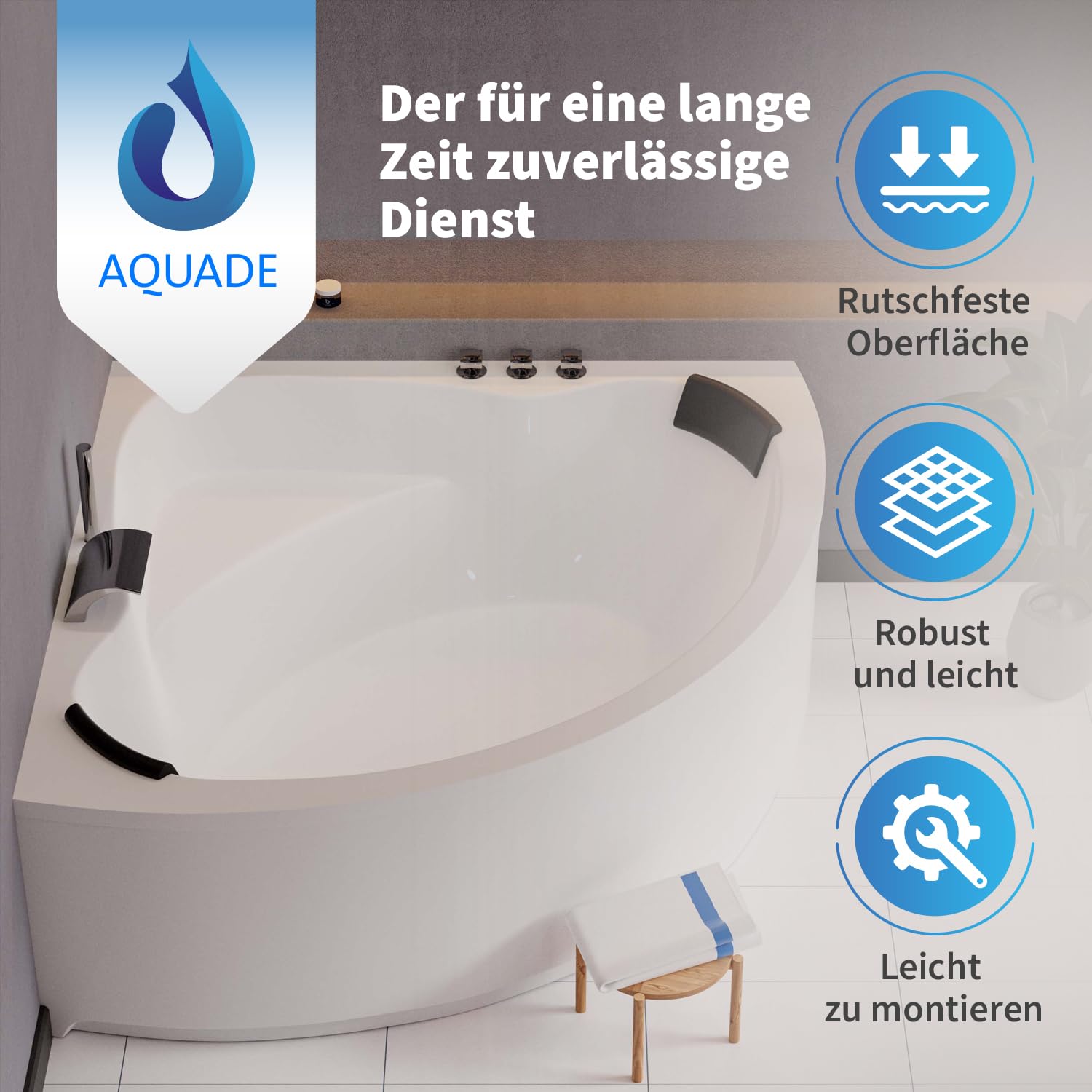 AQUADE Acryl Eckbadewanne 140x140 Modell: Koblenz - Weiß Badewanne Komplettset 140x140 - Badewannen mit Wannenfüßen + Schürze + Wannenrandarmatur + Nackenkissen