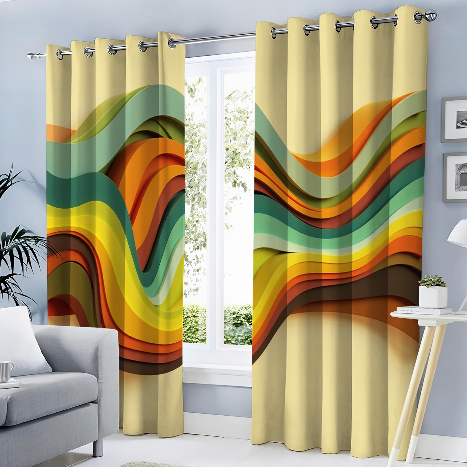 Rideaux occultants thermiques vagues vintage 140x240cm anti-froid pour isoler et décorer le salon