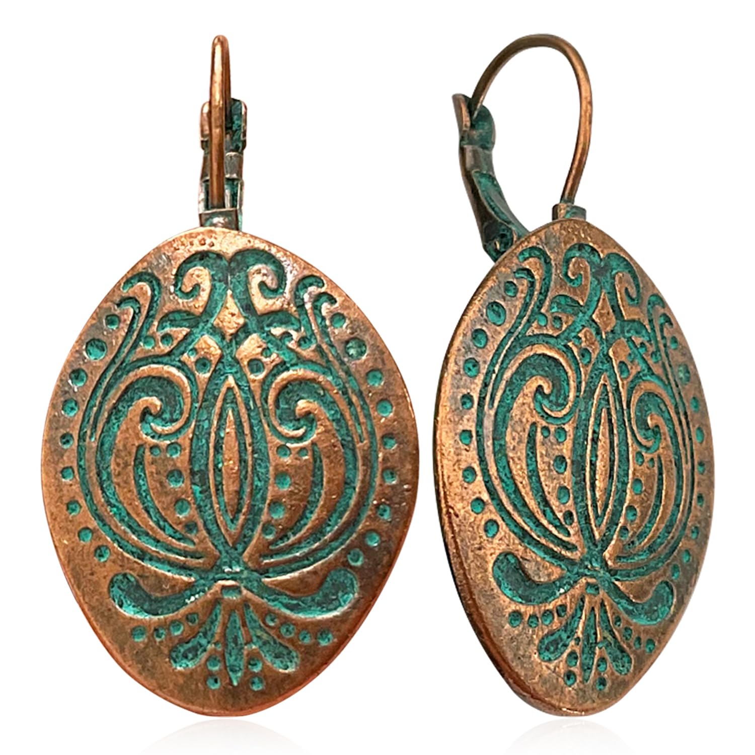 JNONLUnique Bohemian Vintage Bronze Totem Geometric Dangle Drop Earrings Personalized Boho Ethnic Oval Carved Lever Back Earrings for Women Jewelry Gifts