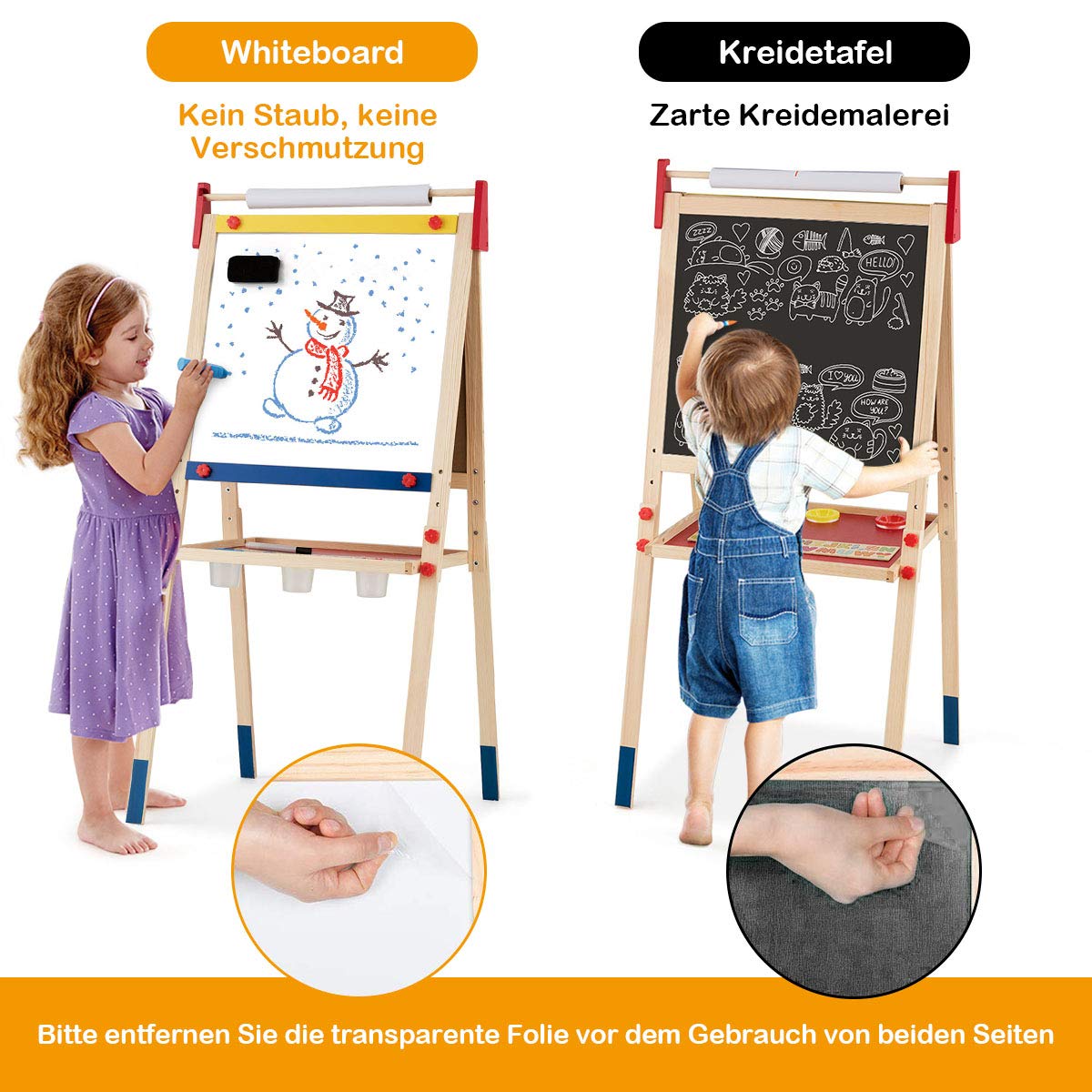 COSTWAY 3 in 1 Kinder Staffelei, Kindertafel doppelseitig, Whiteboard & Kreidetafel & Zeichenpapier, Standtafel, Spieltafel, Holztafel, höhenverstellbar, inkl. Zubehör
