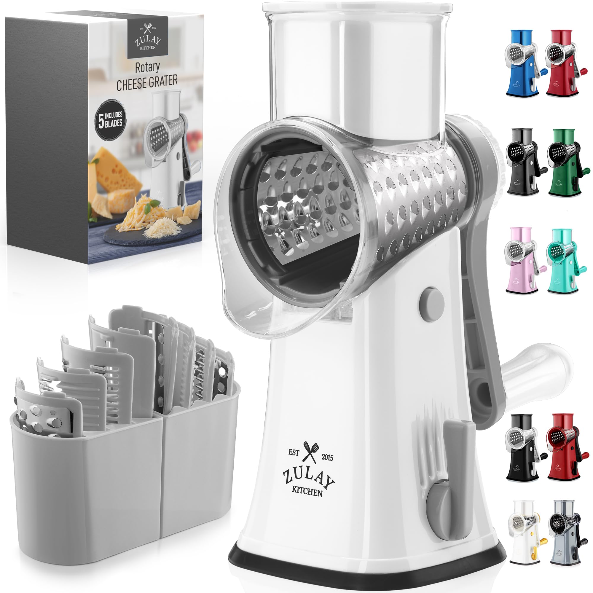 Rotary Cheese Grater Manual Hand Crank 5 Blade Shredder, White &amp; Gray