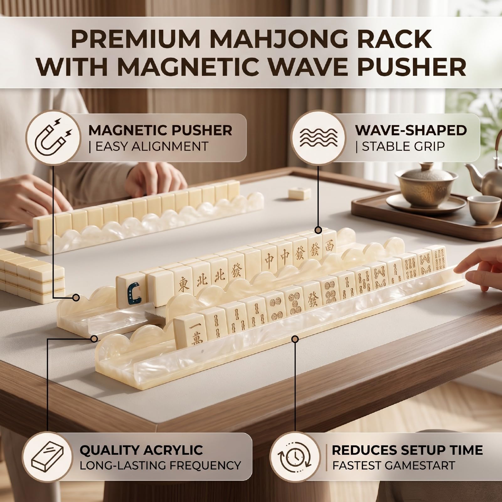 Magnetischer Mahjong-Ständer in Wellenform, 50,8 cm, Acryl-Fliesenhalter mit Drücker, Muschelfarbenes Gaming-Zubehör für Schnelles Anordnen und Messen
