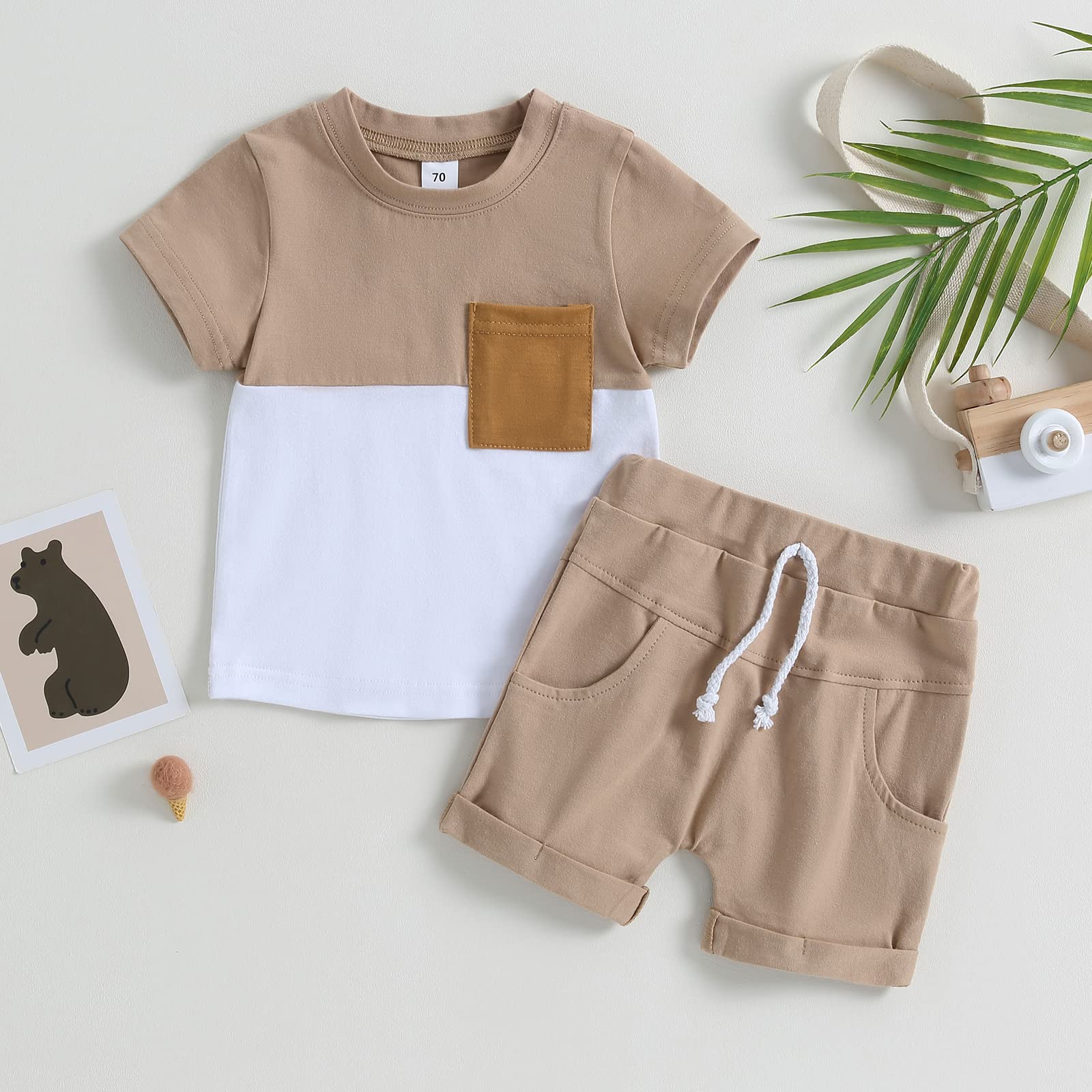 Rtnnsbbfcm Newborn Baby Boy Summer Clothes Short Sleeve Color Block Front Pocket T-Shirt Top Shorts 2Pcs Casual Outfit (18-24 Months,Khaki White)